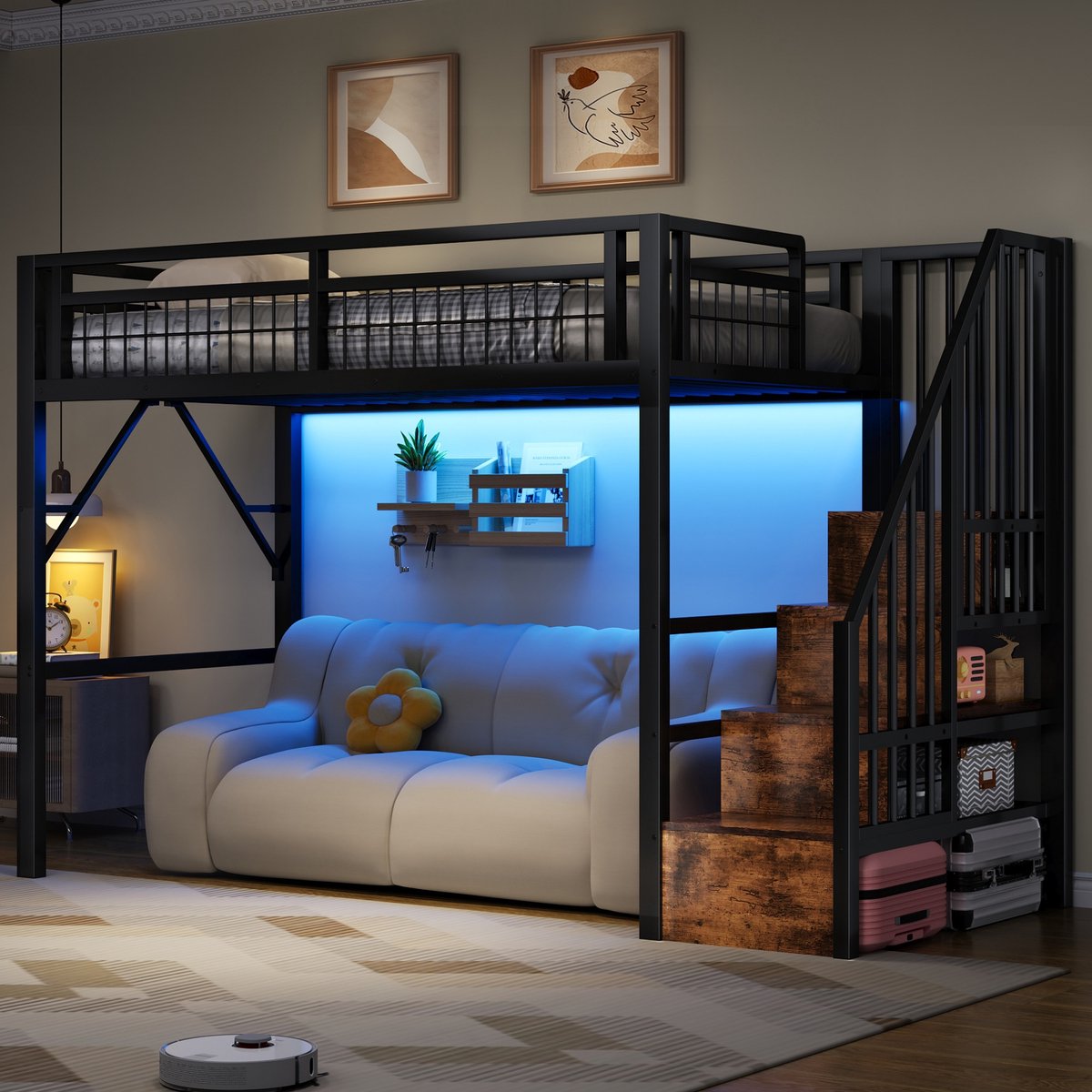 Metalen hoogslaper voor kinderen - 90x200 cm eenpersoons - zwart - met app-gestuurde LED-lichtstrip, opbergtrap en veiligheidsrek - open ruimte onder het bed - stevig ijzeren frame, eenvoudig te monteren