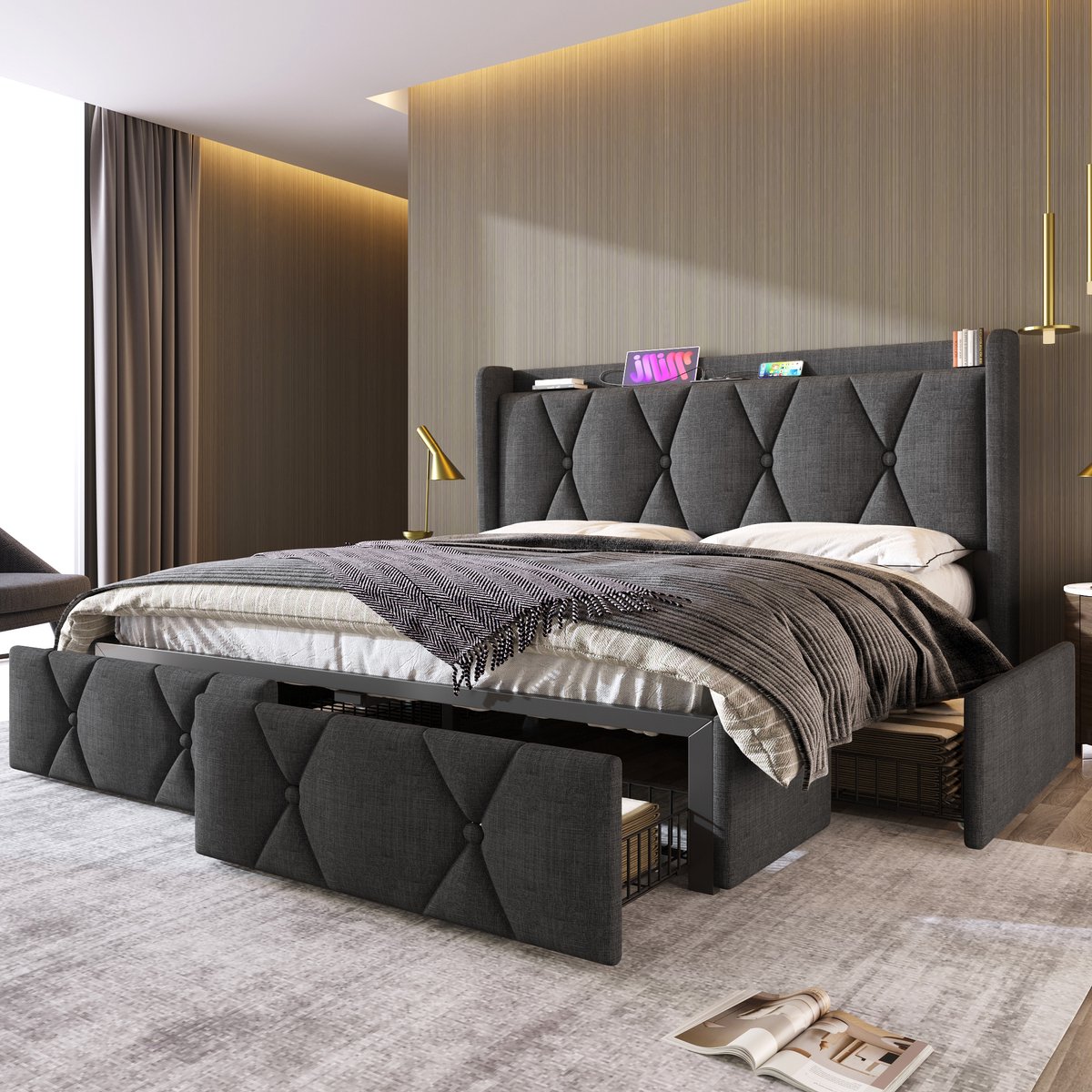 Gestoffeerd bed met USB-laadstation en 4 lades - 160x200 cm tweepersoons - Grijs - Geïntegreerd hoofdbord met 2 USB-poorten en 2 stopcontacten - Inclusief 4 ruime opberglades en houten lattenbodem
