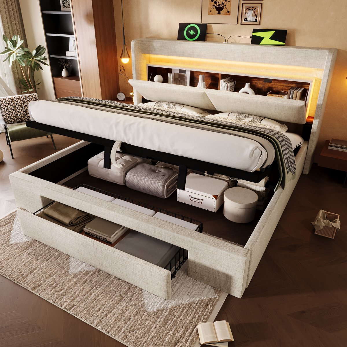 Hydraulisch opbergbed met LED en USB-C - 180x200 cm tweepersoons - Beige linnen - Opbergvak in hoofdbord en lade - Inclusief houten lattenbodem - Zonder matras