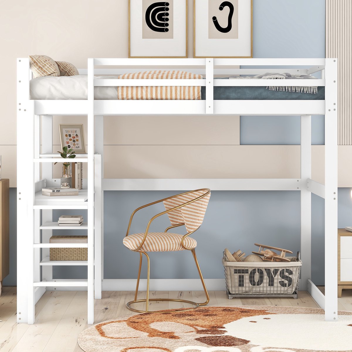 Grenen kinderhoogslaper 140x200 cm - Met bureau en 4 opbergvakken - Wit - Massief grenenhout en MDF - Inclusief lattenbodem - Geschikt voor kind en tiener tot 120 kg