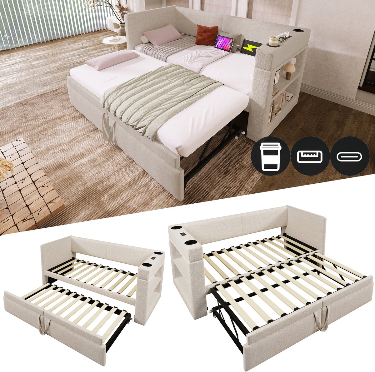 Gestoffeerd dagbed met uitschuifbed - Geschikt als tiener- of logeerbed - 90x200 cm (180x200 cm uitgeklapt) - Beige - Armleuningen met USB-C en bekerhouder - Linnen-katoenmix, exclusief matras