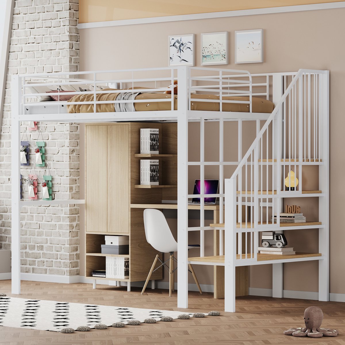 Metalen hoogslaper - Ruimtebesparend slaap- en opbergmeubel - 140x200 cm - 1 persoon - Wit - Stabiele metalen constructie - Ruime opbergruimte onder het bed - Veilige vaste trap