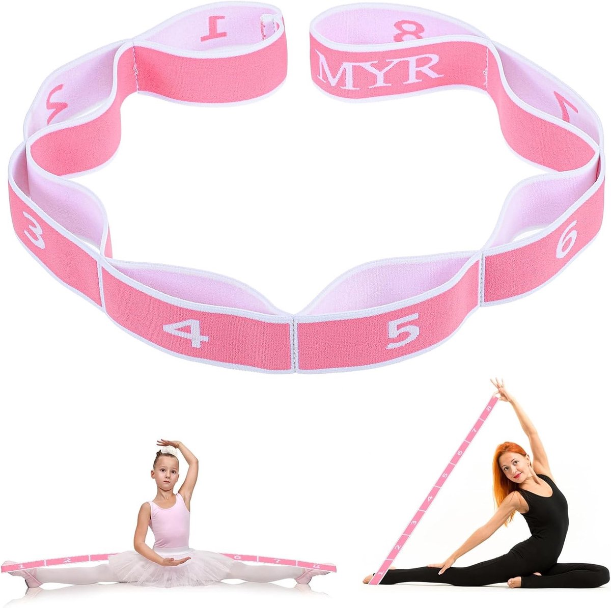 Yoga Stretchband met 8 Lussen voor Effectieve Oefeningen, Geschikt voor Pilates, Gymnastiek en Dans, Flexibele Elastische Band in Roze en Wit