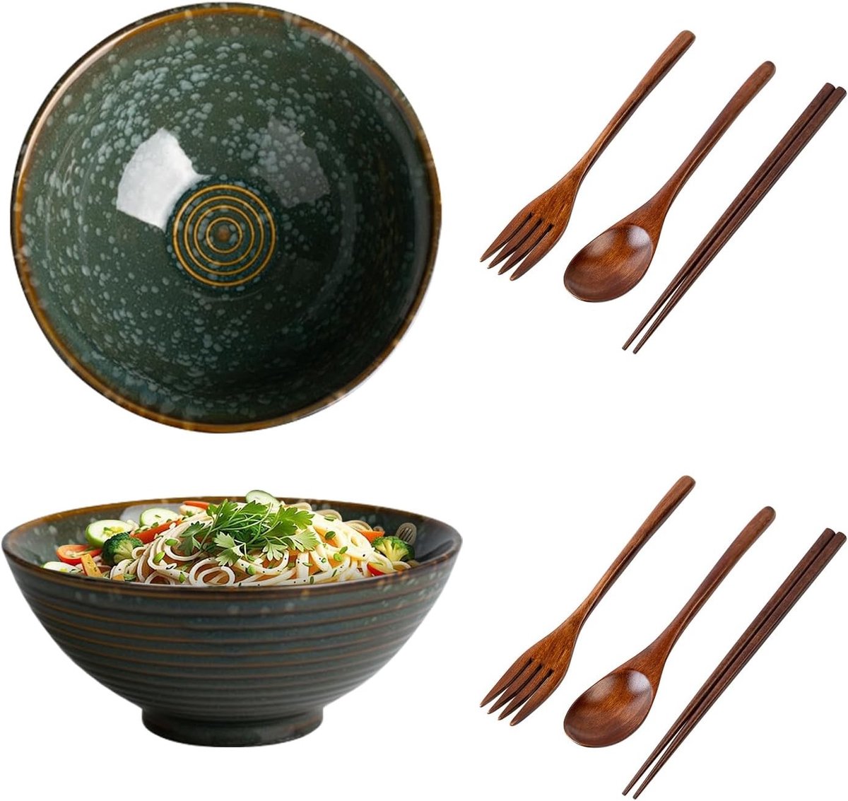Set van 2 Soepkommen met Eetstokjes, Vork en Lepels - 1200ml Ramen- en Saladekommen voor Udon en Aziatische Noodles, 20cm Groot (Groen)