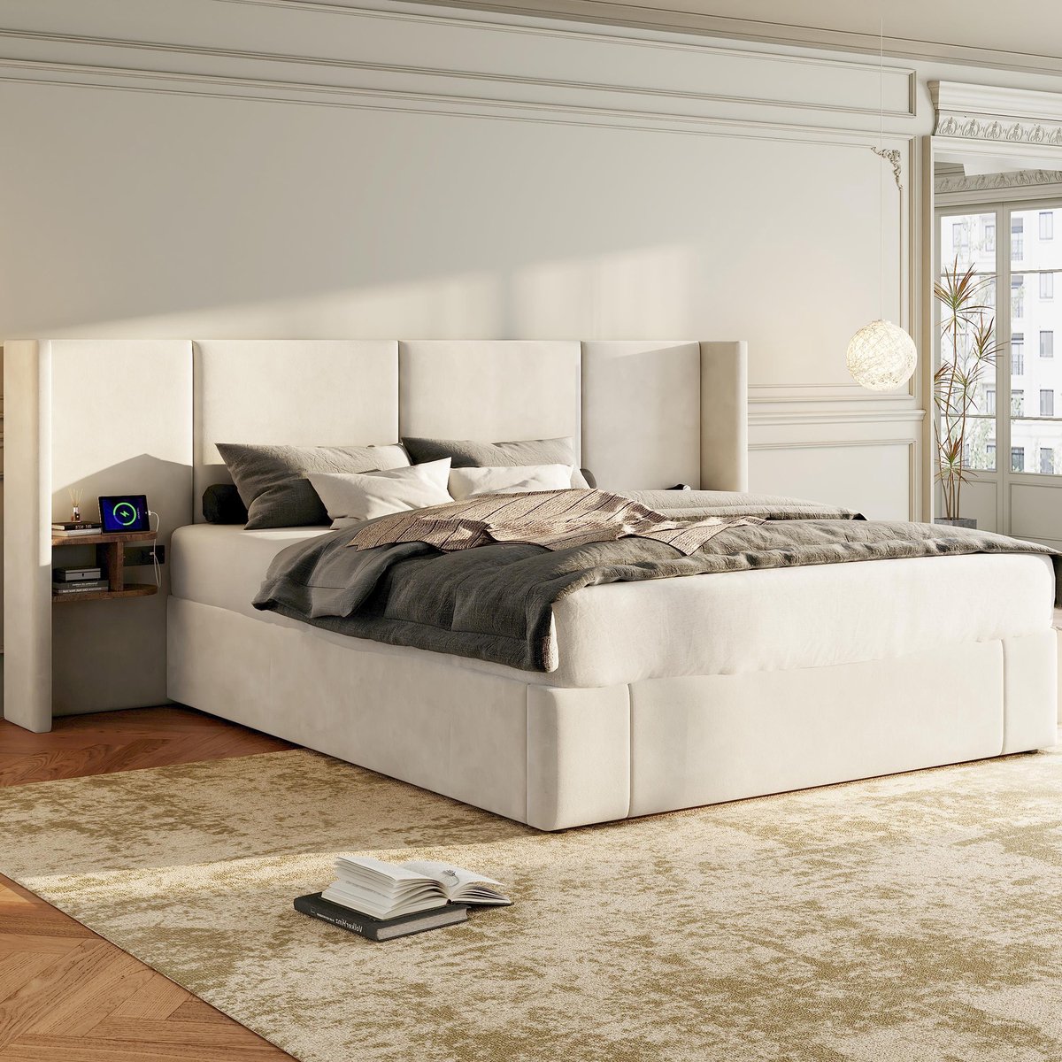 Gestoffeerd bed met opberging, nachtkastjes en USB-C - hydraulisch 160x200 cm - beige fluweel - brede oren hoofdeinde - 2 houten nachtkastjes met lade - stopcontact en snellaadpoorten - inclusief lattenbodem