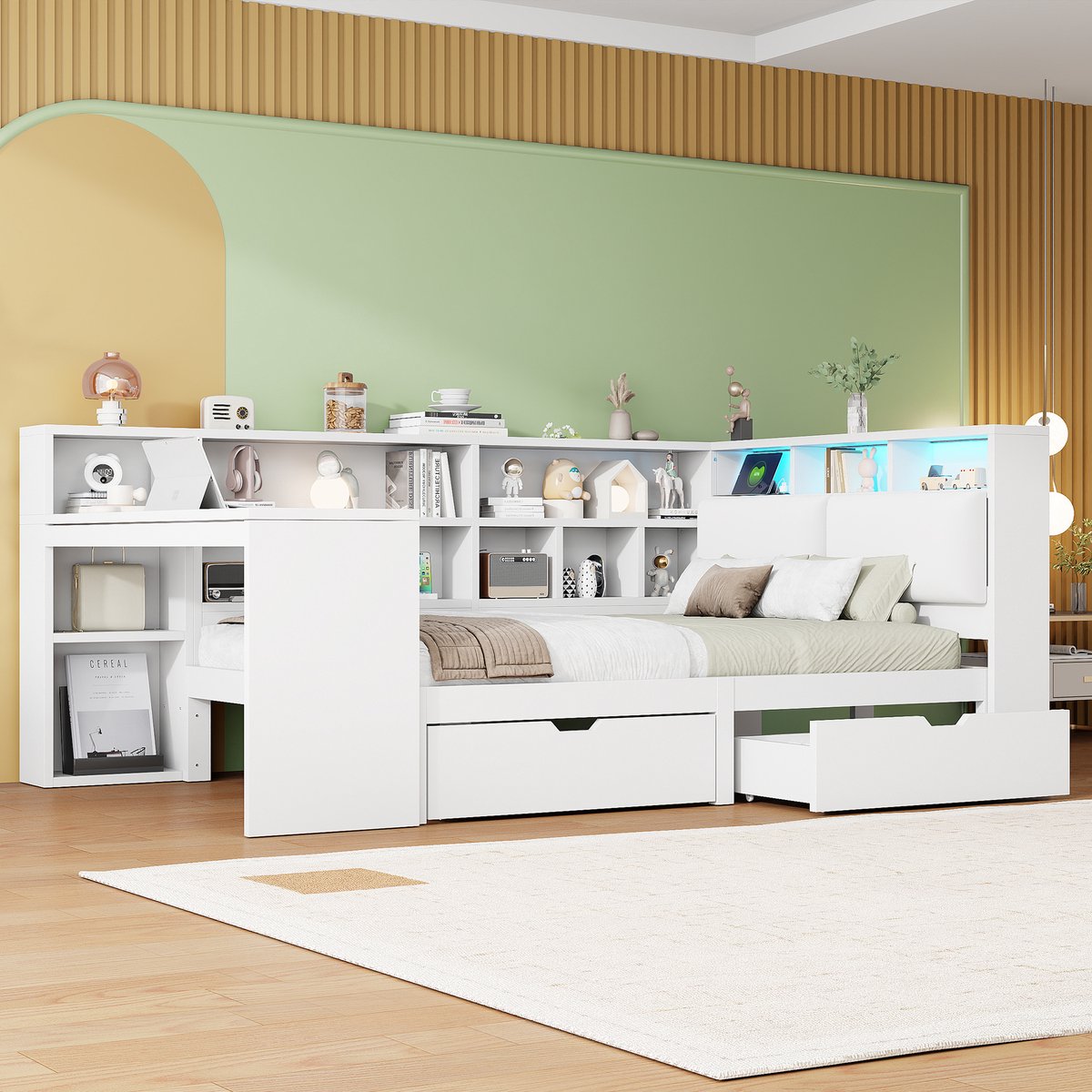 L-vormig kapteinbed met bureau en boekenplank - ruimtebesparend hoekontwerp - 140x200 cm tweepersoons - wit - opberglades en LED-verlichting - gestoffeerd hoofdeinde