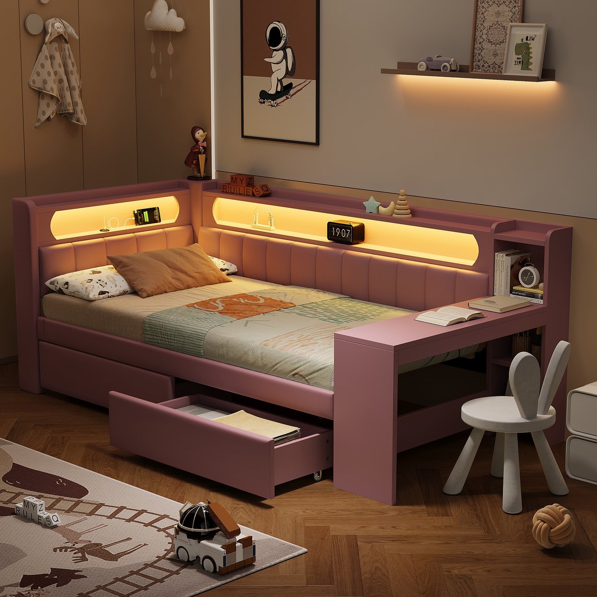 Gestoffeerd dagbed met bureau, lades en LED - ruimtebesparend slaapbank - 90x200 cm eenpersoons - roze - USB-poorten en 7-kleuren sfeerverlichting - stevig multiplex frame