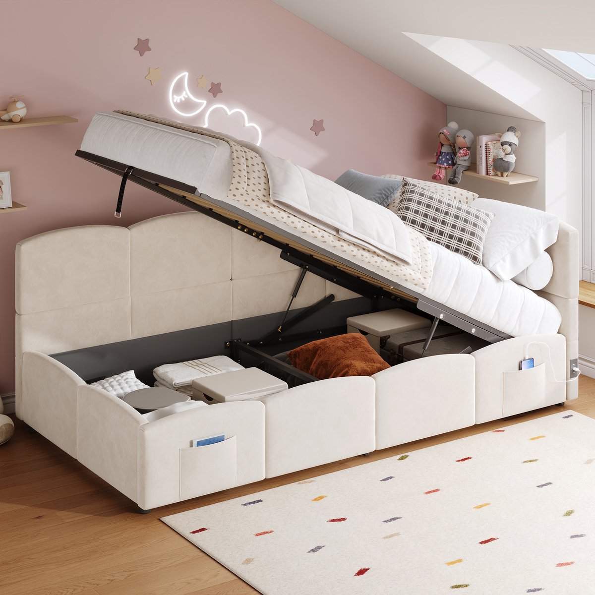 Gestoffeerd opbergbed met hydraulisch systeem en USB-C - 90x200 cm eenpersoons - beige fluweel - stoffen opbergvakken - lattenbodem inbegrepen