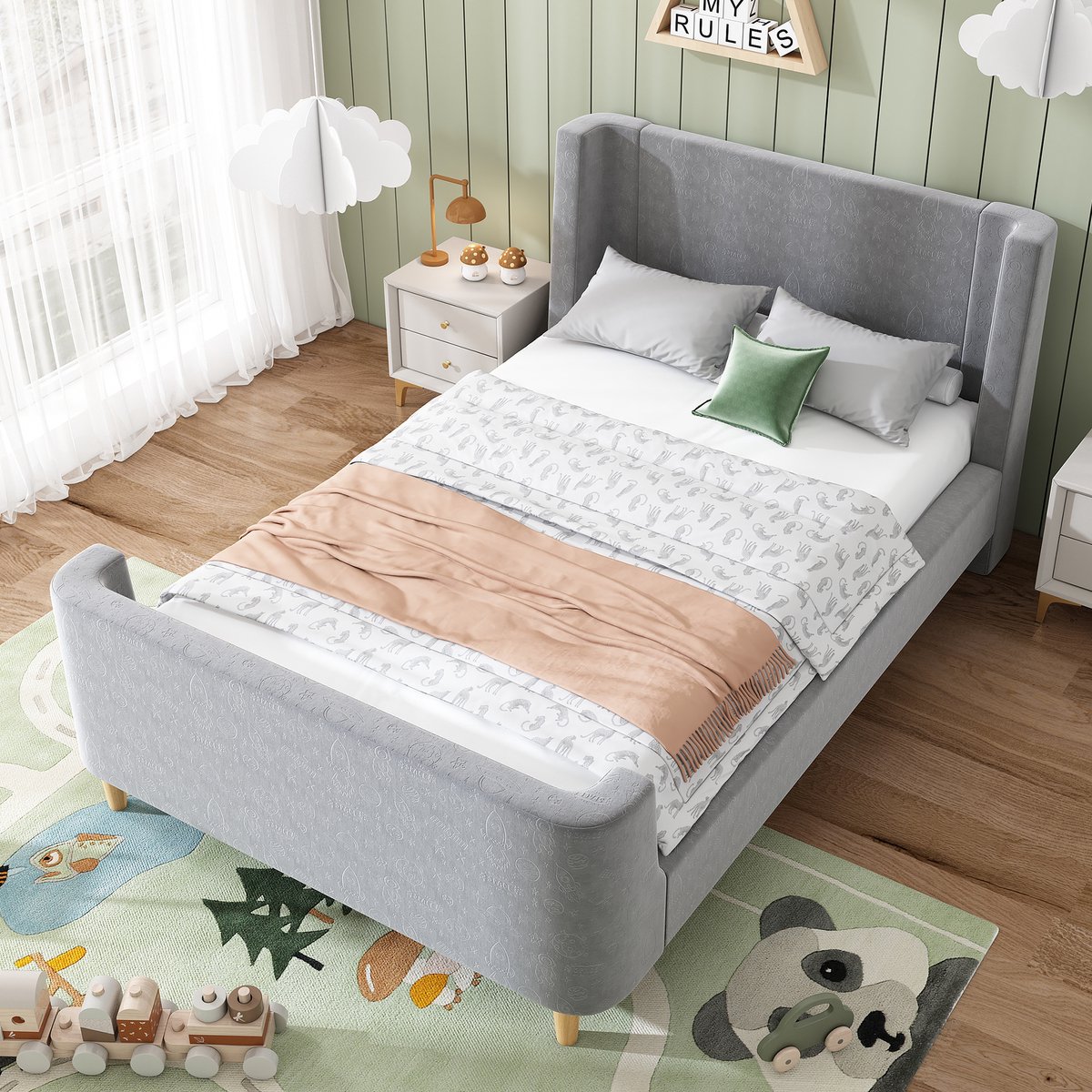Gestoffeerd kinderbed met slee-ontwerp en kosmisch patroon - 90x200 cm - Grijs fluweel - Inclusief lattenbodem - Anti-slip poten - Afgeronde hoeken - Voor jongens en meisjes - Max. 150 kg