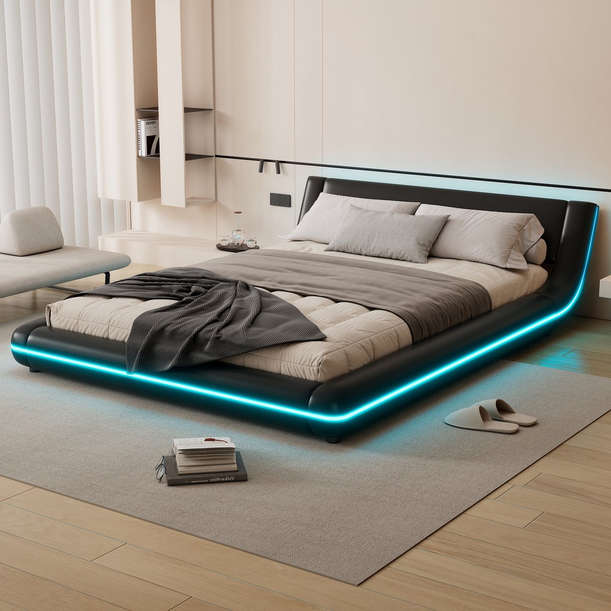Laag bed - vloerbed met LED-sfeerverlichting - 140x200 cm - Zwart PU - App-gestuurde meerkleurige LED-verlichting rondom - Inclusief 12-delige lattenbodem - Eenvoudig te reinigen