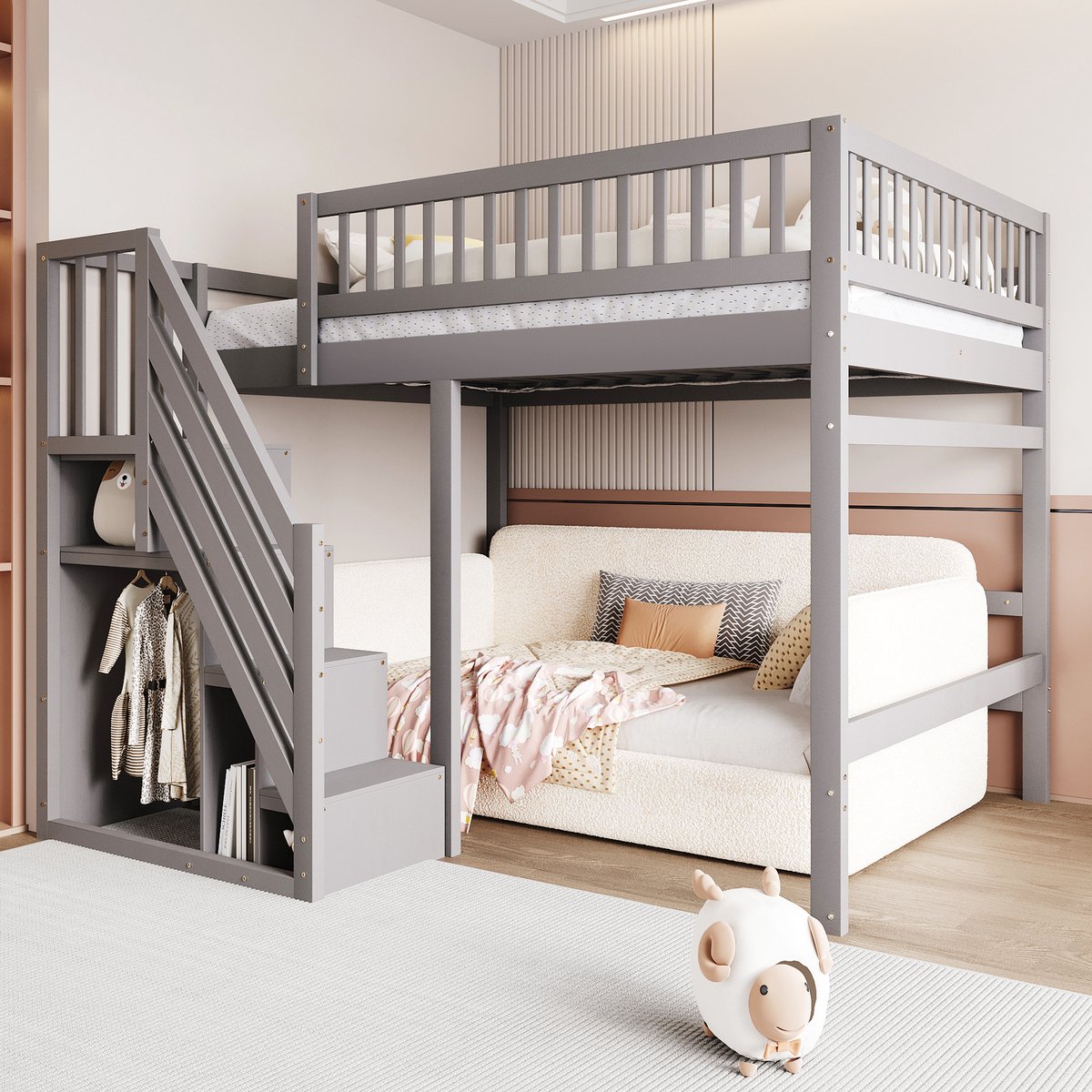 Massief grenen hoogslaper met opbergtrap - 140x200 cm - Grijs - Hoog rek en opbergtrappen met kasten - Ruimte onder bed voor bureau of bank - Stabiel en veilig voor kinderen en jongeren