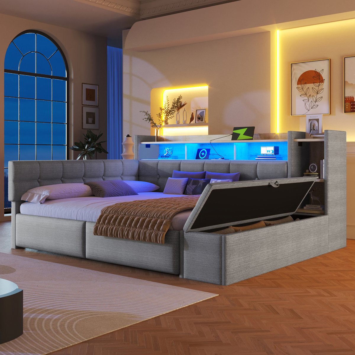 Gestoffeerd dagbed slaapbank - 140x190 cm - Grijs fluweel - Opbergbank aan voeteneinde, 2 lades, USB/Type-C oplaadpoorten, LED-sfeerverlichting met afstandsbediening, opbergvakken, exclusief matras