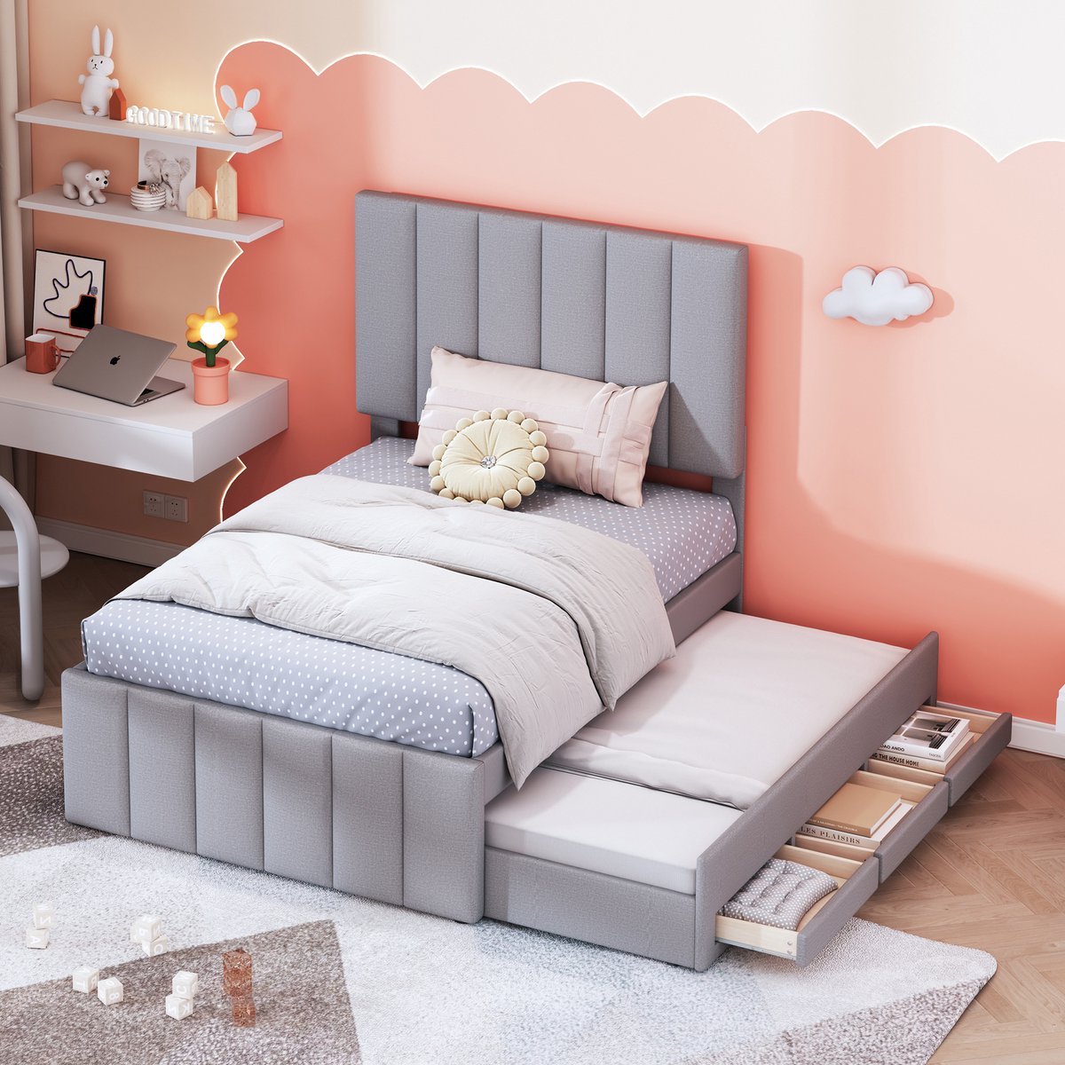Gestoffeerd bed 90x200 cm - Met uitschuifbaar rolbed en 3 opberglades - Grijs - Verstelbaar hoofdeinde en zachte linnen bekleding - Geschikt als kinder-, tiener- of logeerbed