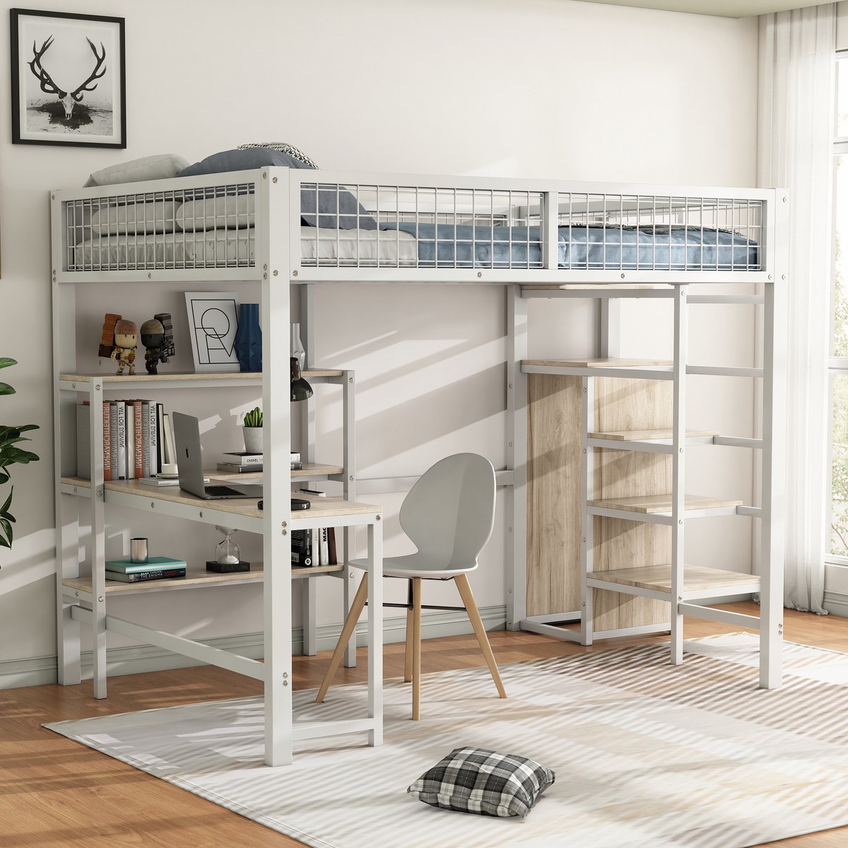 Hoogslaper met bureau en kledingkast - ruimtebesparend voor kinderkamer - 140x200 cm tweepersoons - wit - opbergtrap en planken - stevig metalen frame - inclusief lattenbodem