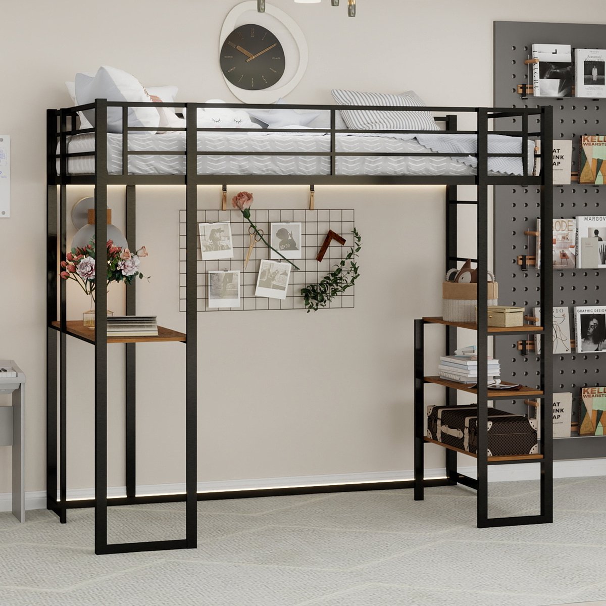 Hoogslaper met bureau en opbergruimte - 90x190 cm eenpersoons - Metalen frame met veiligheidsrek en ladder - Geschikt voor kinder- en tienerkamers