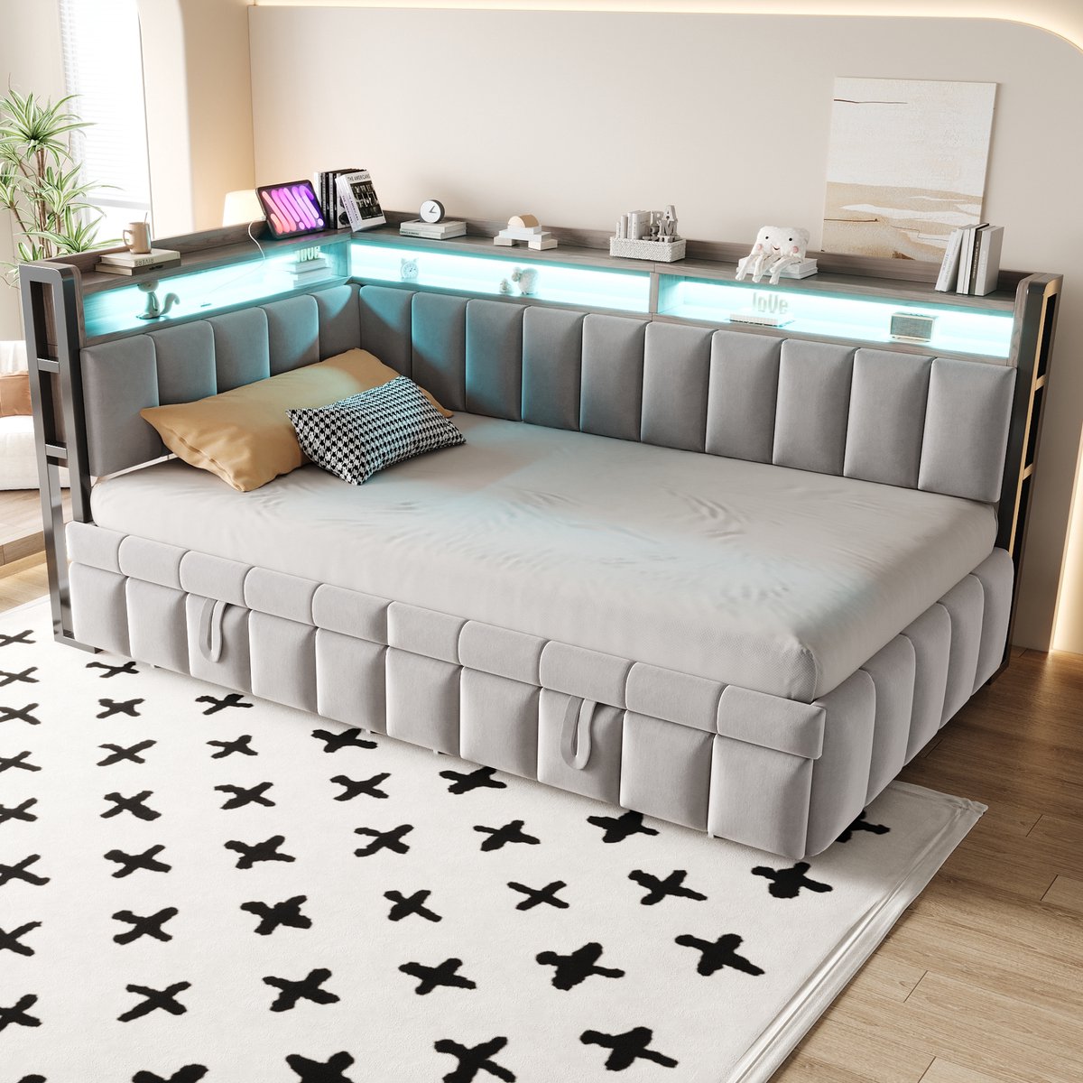Gestoffeerde slaapbank met uitschuifbed en LED - multifunctioneel voor kleine ruimtes - 90x200 cm met 90x190 logeerbed - hellgrijs - USB-C en opbergvakken - verstelbare sfeerverlichting - zachte fluwelen stof
