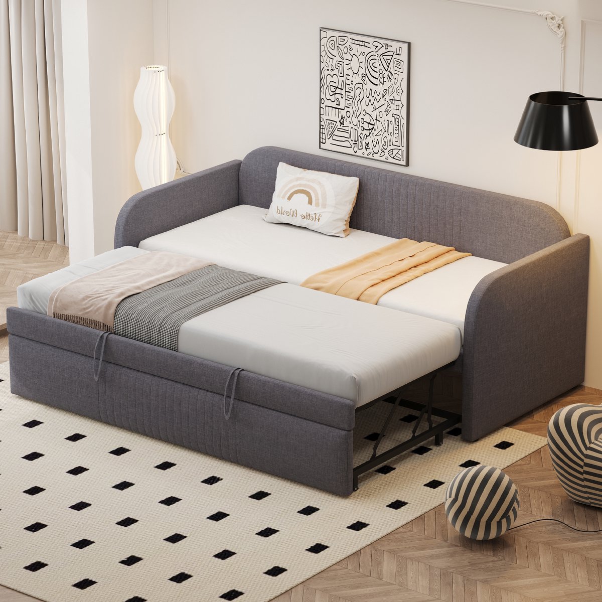 Uitschuifbare slaapbank 90x190 cm - ombouwbaar tot tweepersoonsbed 180x190 cm - grijs linnen - verticaal streepdesign - lattenbodem inbegrepen - robuust tot 300 kg