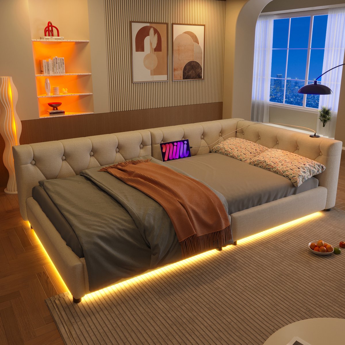 Dagbed 90x200 cm - slaapbank met getuft hoofdeinde en LED-sfeerverlichting - eenpersoons - beige linnen - USB en Type-C oplaadpoorten - lattenbodem inbegrepen