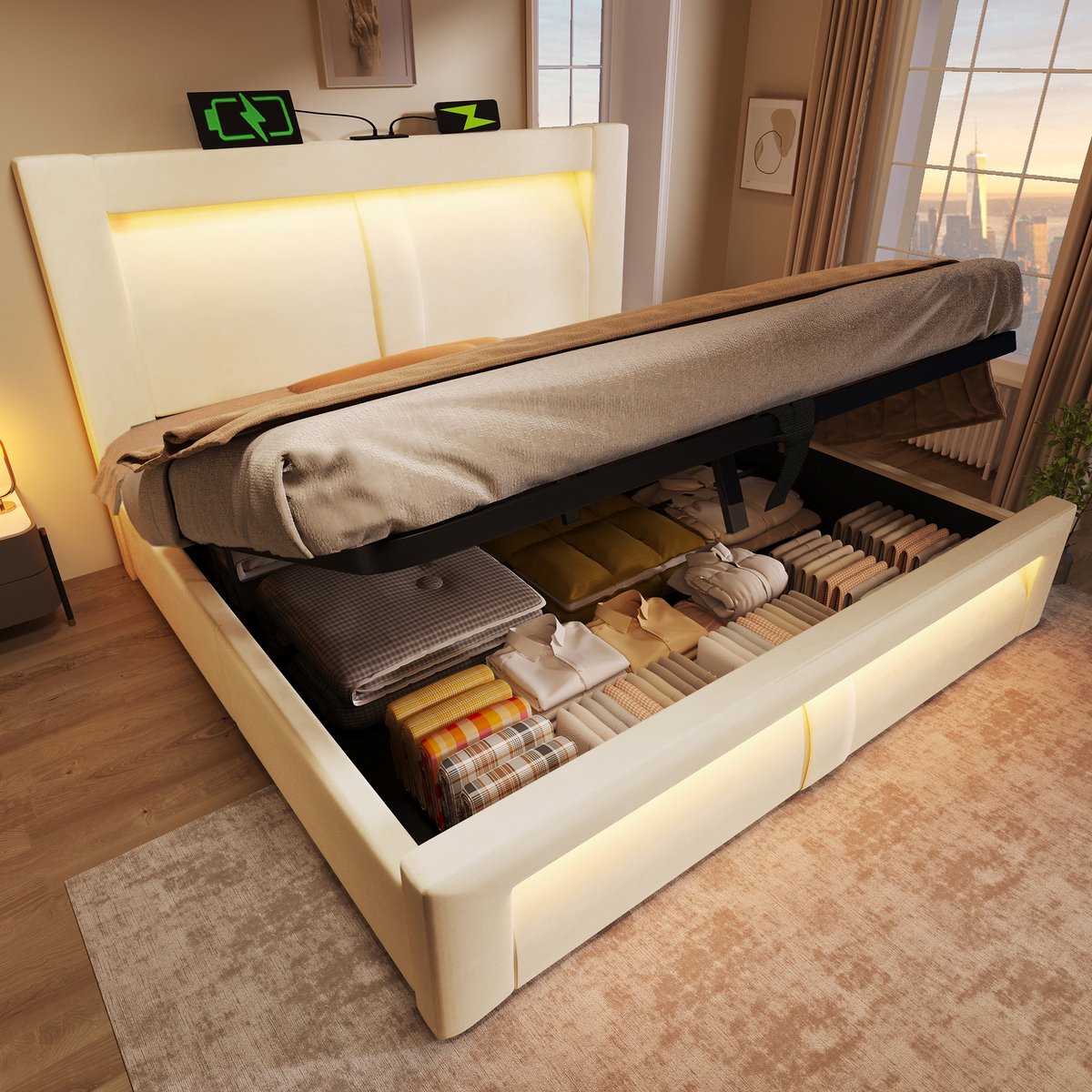 Gestoffeerd bed met hydraulische opbergruimte, LED en snelladen - 160x200 cm tweepersoons - Beige fluweel - App-gestuurde sfeerverlichting (60.000 kleuren) - Gebogen hoofdbord en USB & Type-C snellaadpoorten