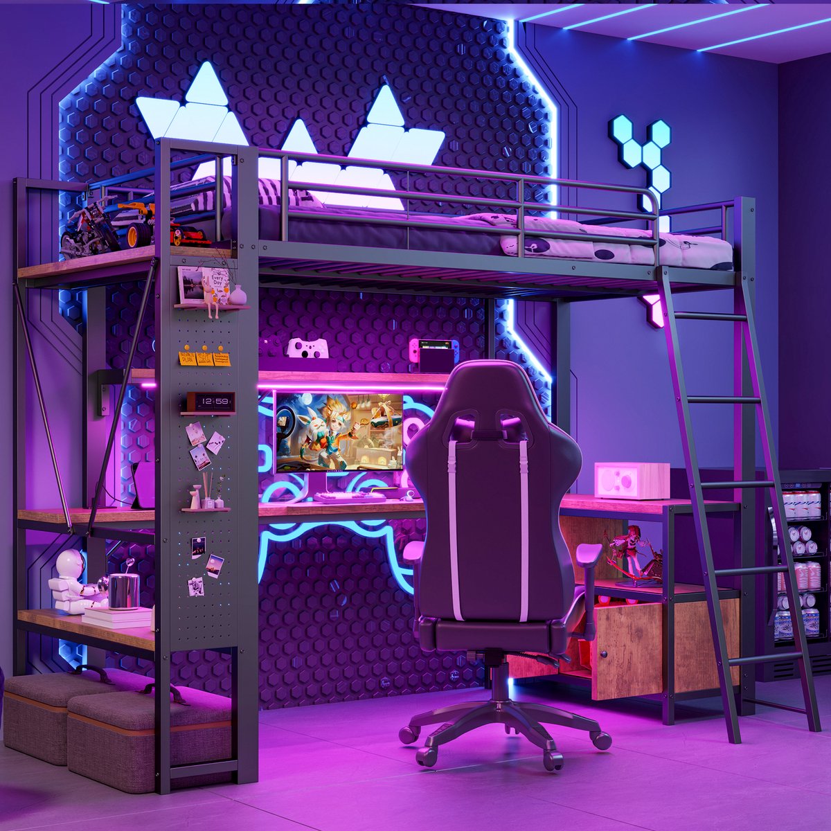 Metalen hoogslaper met bureau en pegboard - 90x200 cm eenpersoons - Zwart - LED-strip met app-bediening - USB-oplaadpoorten - Inclusief opbergplanken