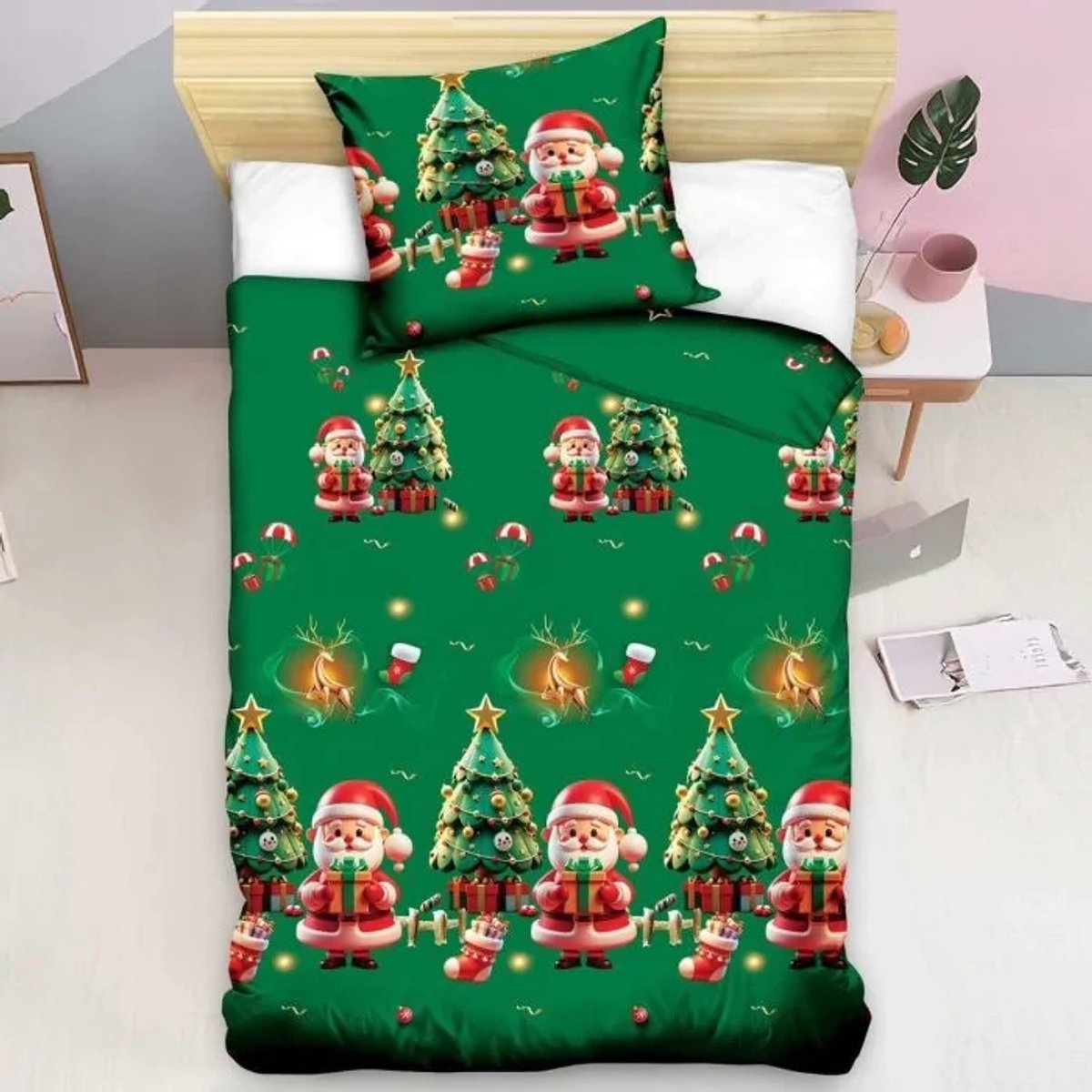 3D Kerst Dekbedovertrek Katoen Satijn 140x200cm - Sneeuwman & Kerstboom