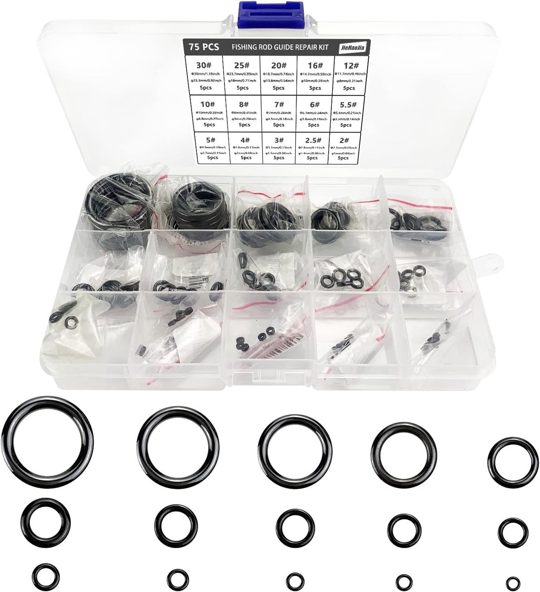 Complete Herstelset voor Visspullen, 75 Stuks, 15 Maten, Keramische Oogringen en Vissroede Accessoires voor Reparatie en Onderhoud
