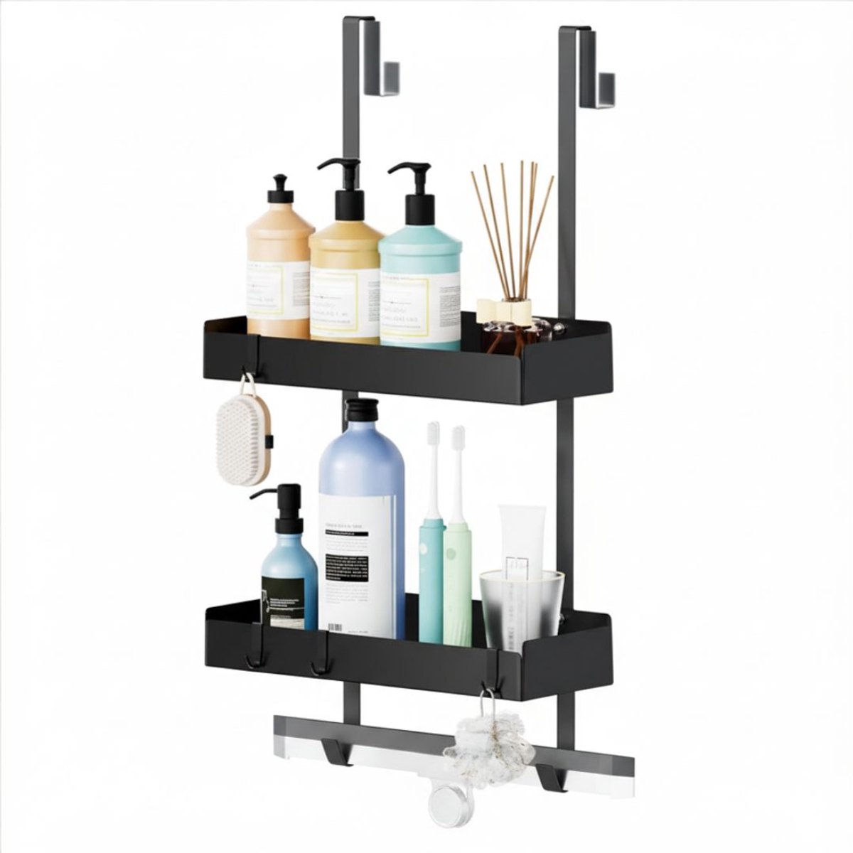 KIRA® Doucherek - Zonder Boren - RVS Doucherek - Zwart - 12cm x 30cm x 65cm