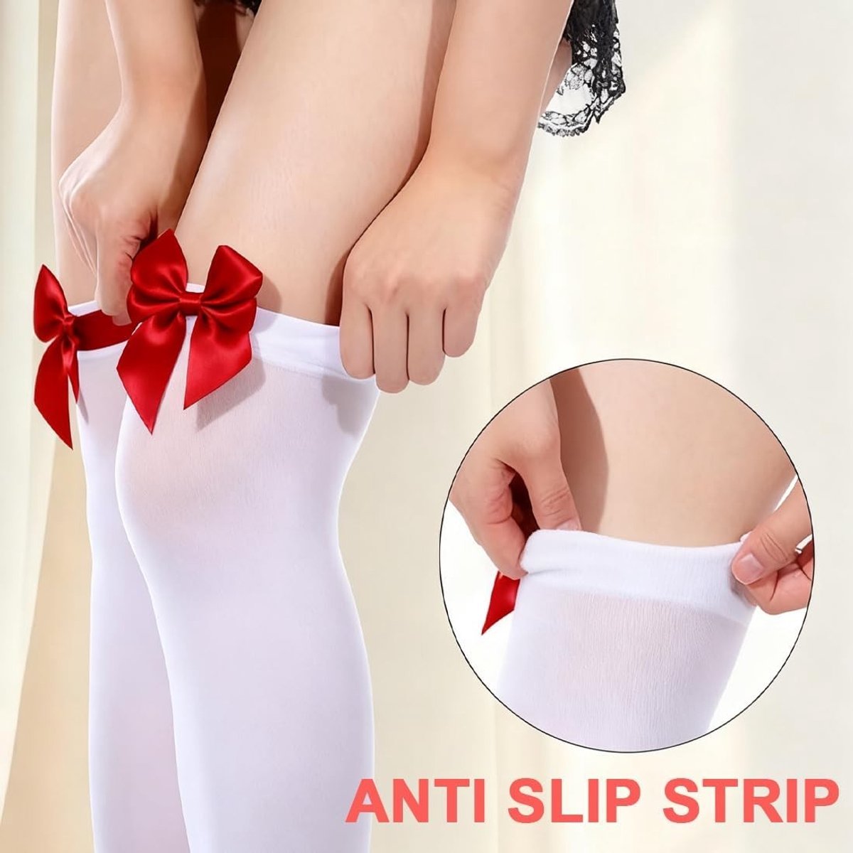 Witte Opaque Kousen zonder Garter met Rode Strikjes voor Kerstkostuums, Cosplay en Carnaval Accessoires