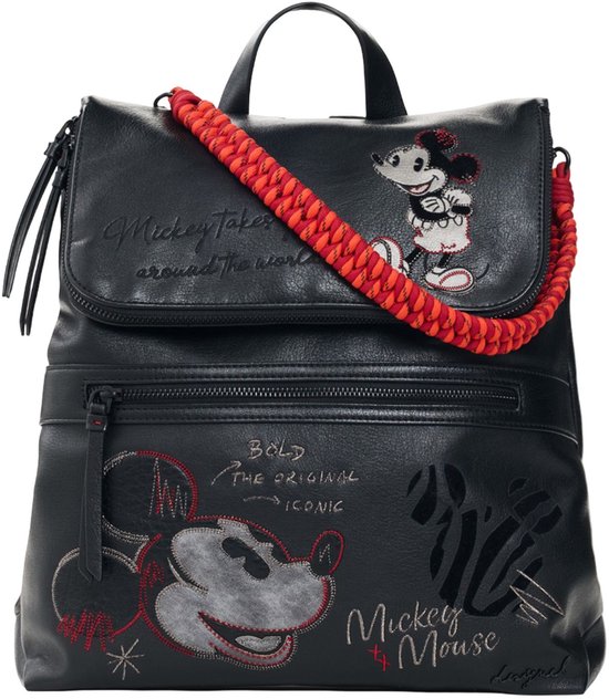 Zwarte rugzak met Mickey Mouse print, rode band en tekst.