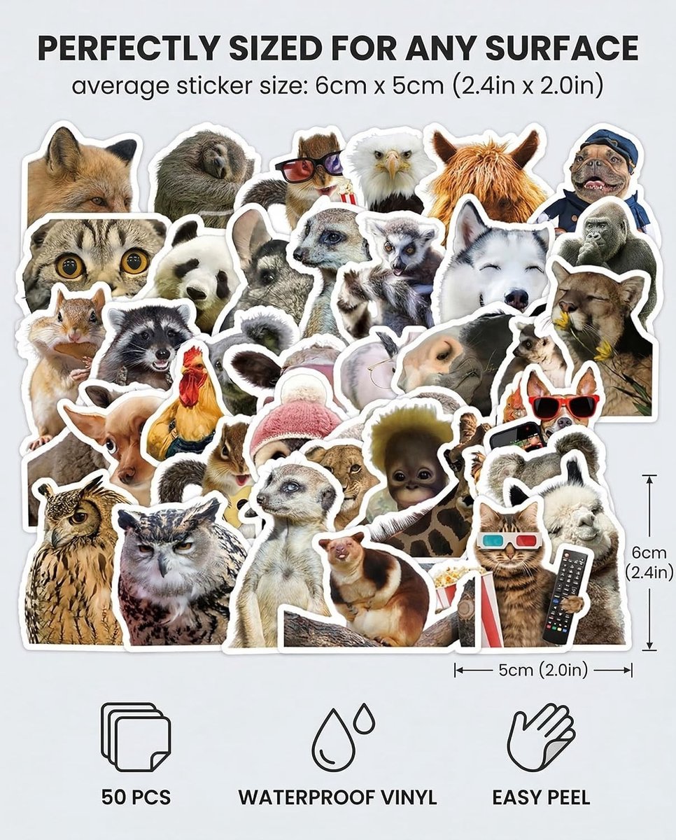 50 Dieren Stickers Set, Waterdichte Vinyl Stickers voor Laptop, Scrapbook en Skateboard, Leuk Cadeau voor Kinderen en Volwassenen