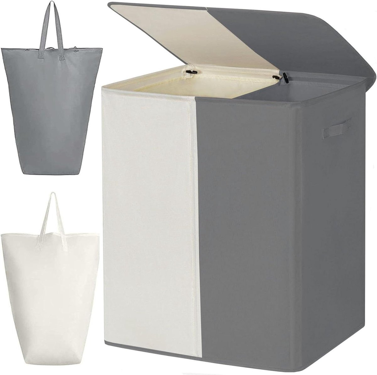 Wasmand met Deksel - Kledingopberger - Kleding Sorteren - Twee Vakken - 154 Liter - Beige Grijs