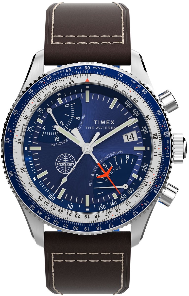 Timex Pan Am X Timex Fly-Back Chronograph 43Mm Leather Strap Watch Quartz Chronograaf Horloge Bruin Kast Gemaakt Van 100% Roestvrij Staal En Een Armband Van 100% Leer 43 TW2W97200YH