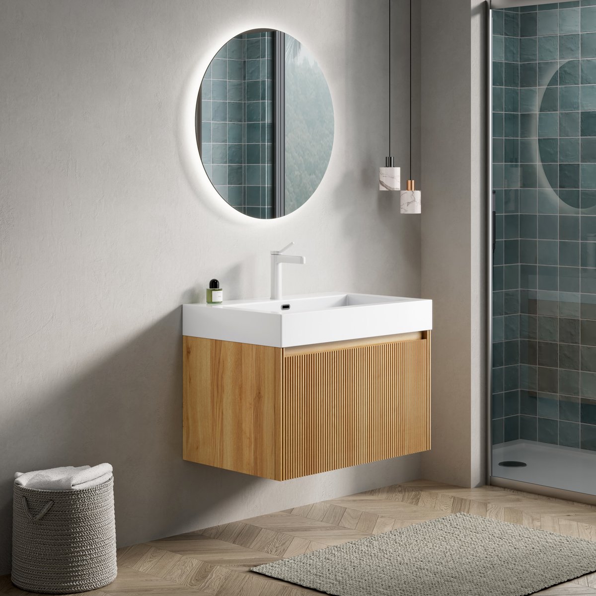 OKWISH Badkamer Wastafelmeubel - Wandmontage - 70 x 46 x 50 cm - 1 Lade - Met Witte Resin Wastafel - Voorgemonteerd - Houtlook