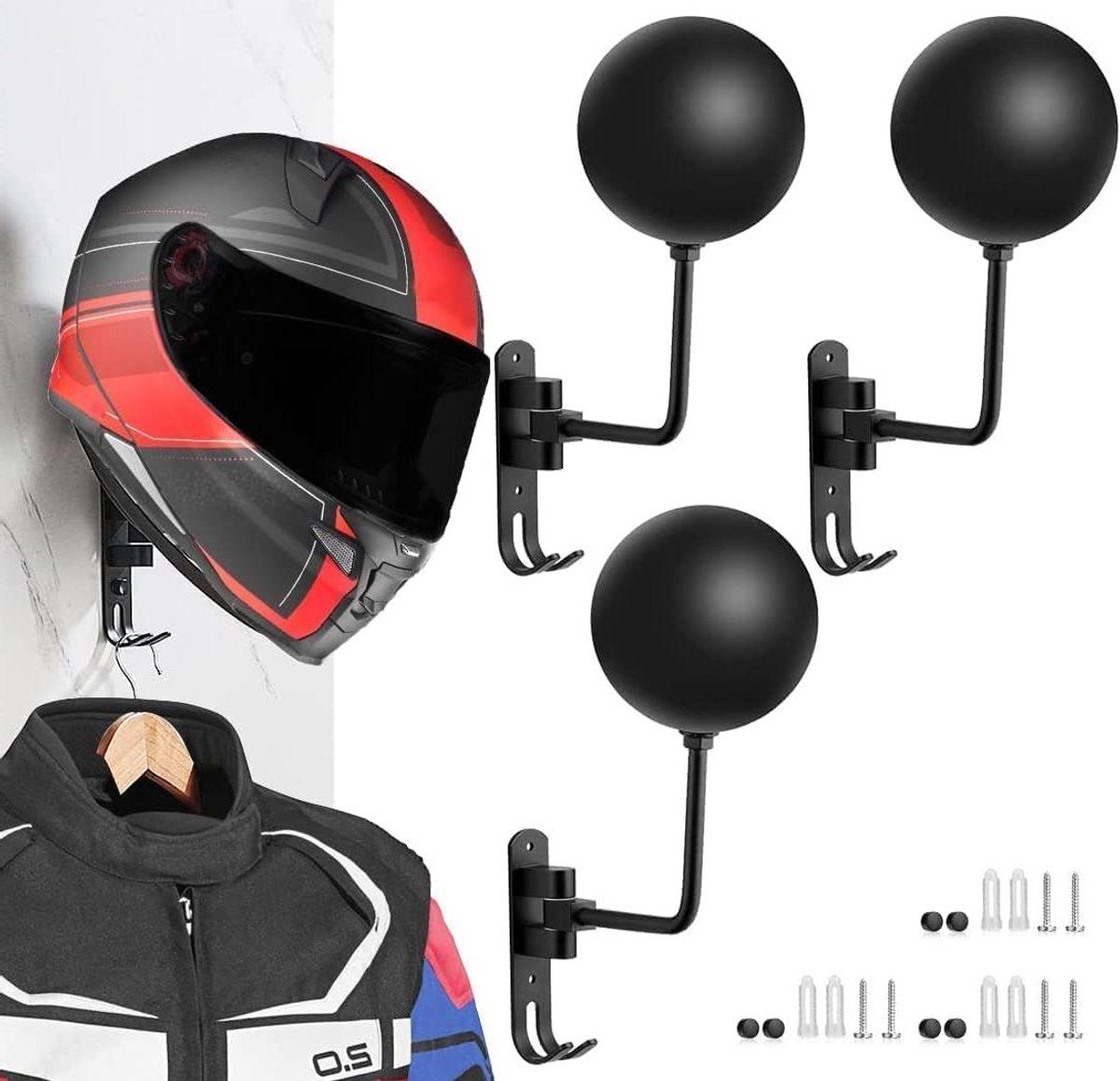 Helmhouder Motorfiets - Muurhanger Hoeden - Motoraccessoire Opbergen - 180 Graden Draaibaar - 3 Stuks - Zwart