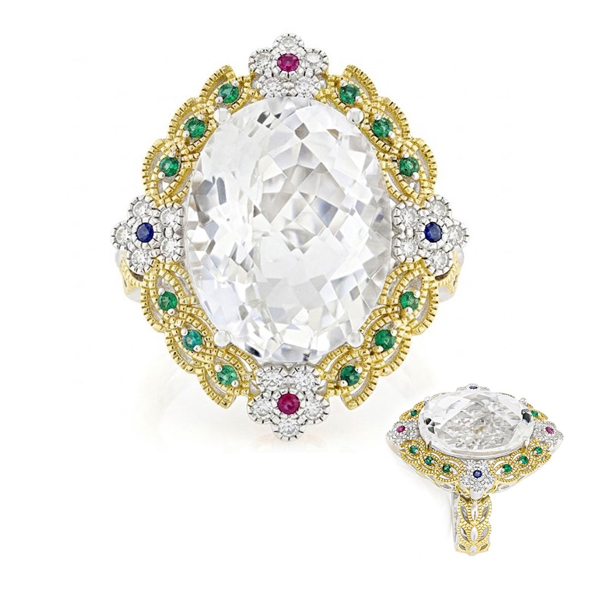 Cavill - 925 Sterling Zilver Palladium ring - 14.22 ct Witte Kwarts Ovaal - Robijn, Saffier, Smaragd accenten - Elegante Avondring