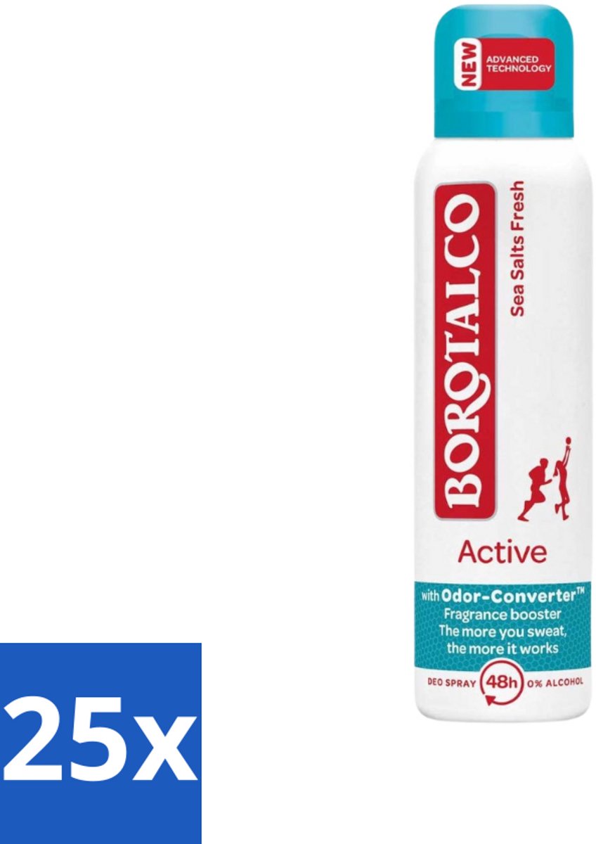 Borotalco - Deodorant Spray - Active - Sea Salts Fresh - 0% Alcohol - 150 ml - Bulkverpakking - 25 stuks