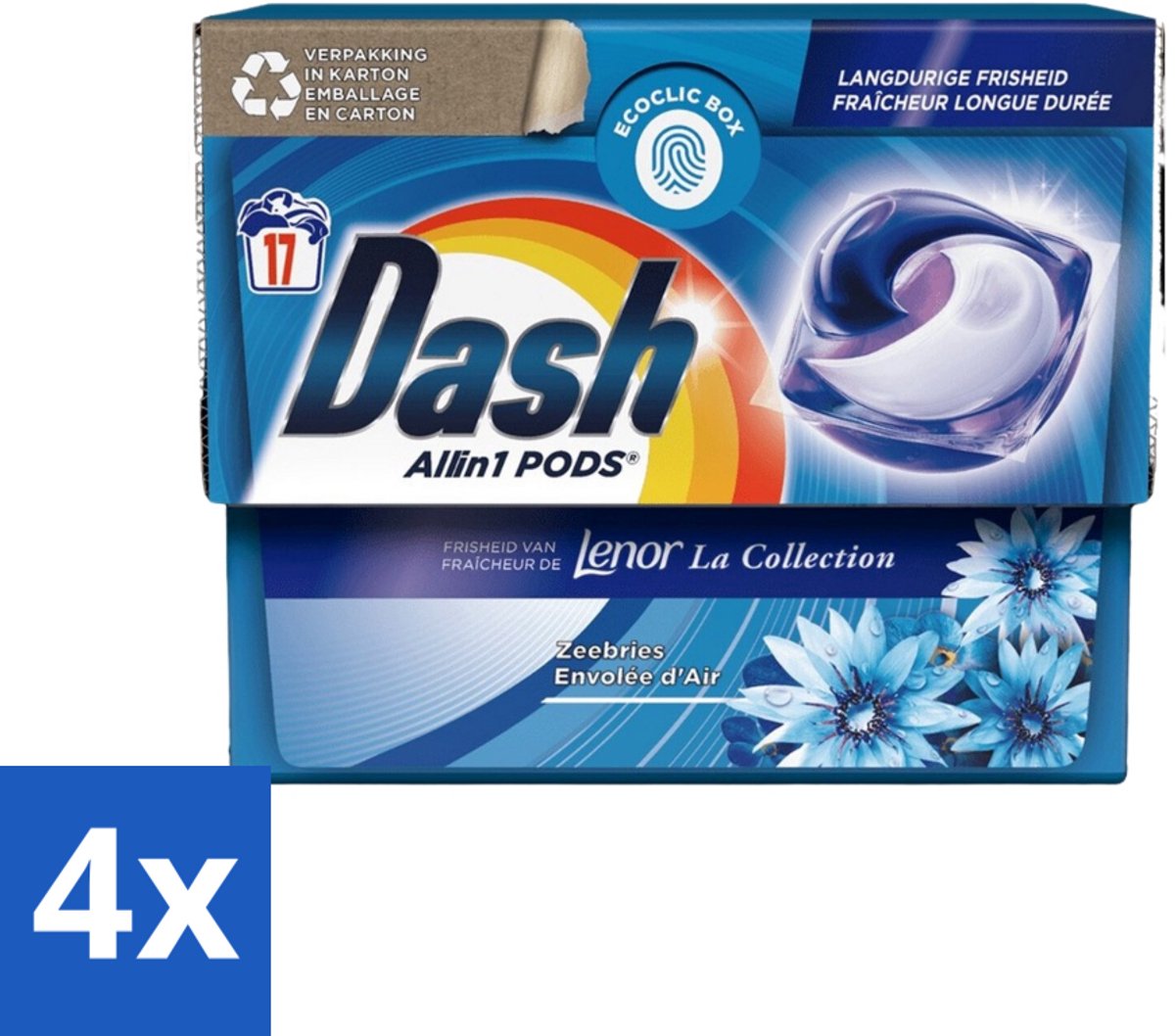 4 x Dash - Lenor Collectie - Wasmiddel Capsules - All-in-1 Pods - Witte en Gekleurde Was - Zeebries - 17 Wasbeurten - Wasmiddel Capsules - Waspoeder - Lenor - Zeebries - Wasverzachter