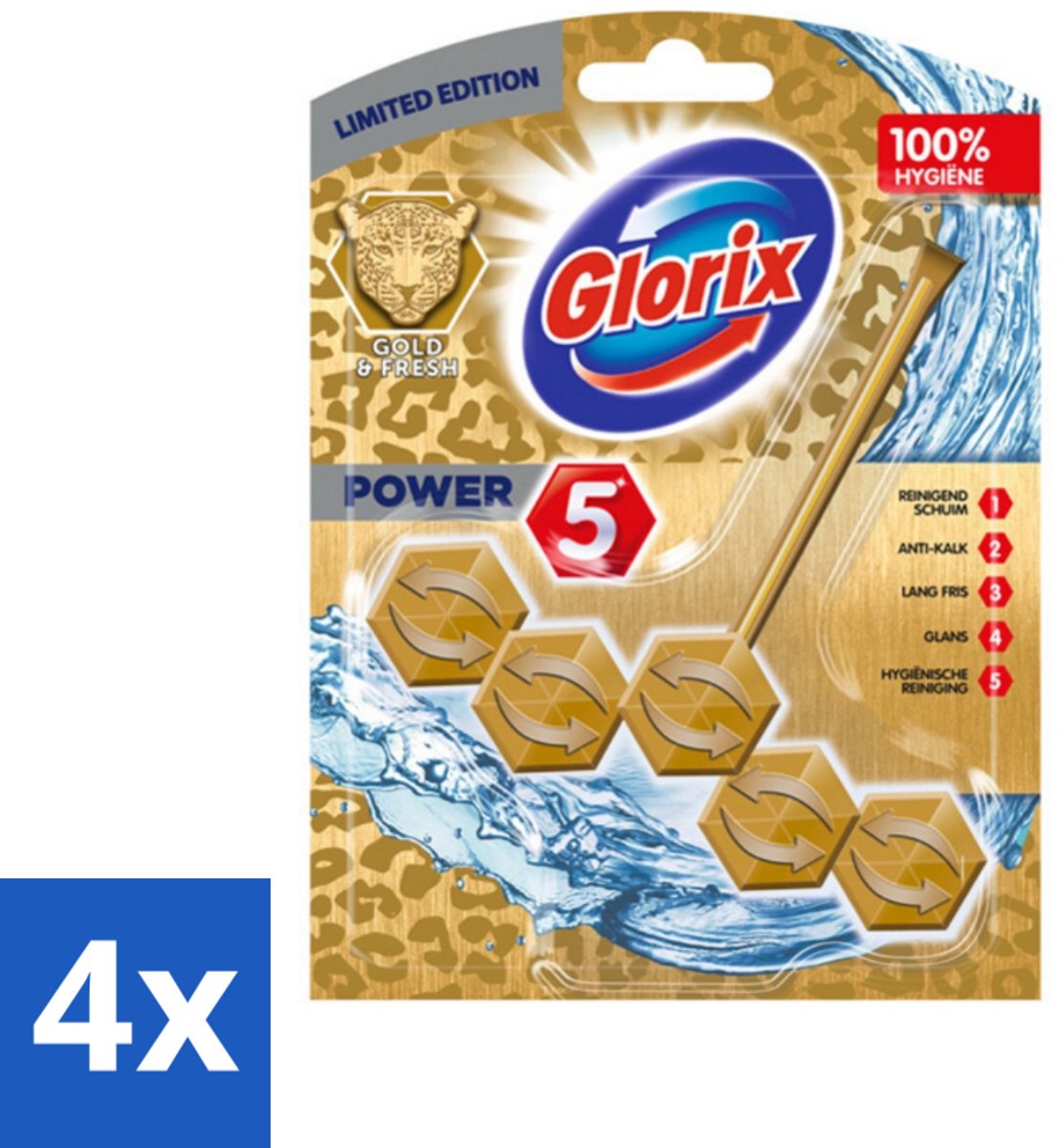 4 x Glorix - Power 5 - Toiletblok - Gold & Fresh - Limited Edition - Langdurige Frisheid - 1 Blok - Toiletblok - Toilet Schoonmaak - Langdurige Frisheid - Anti-kalk - Luxe Geur