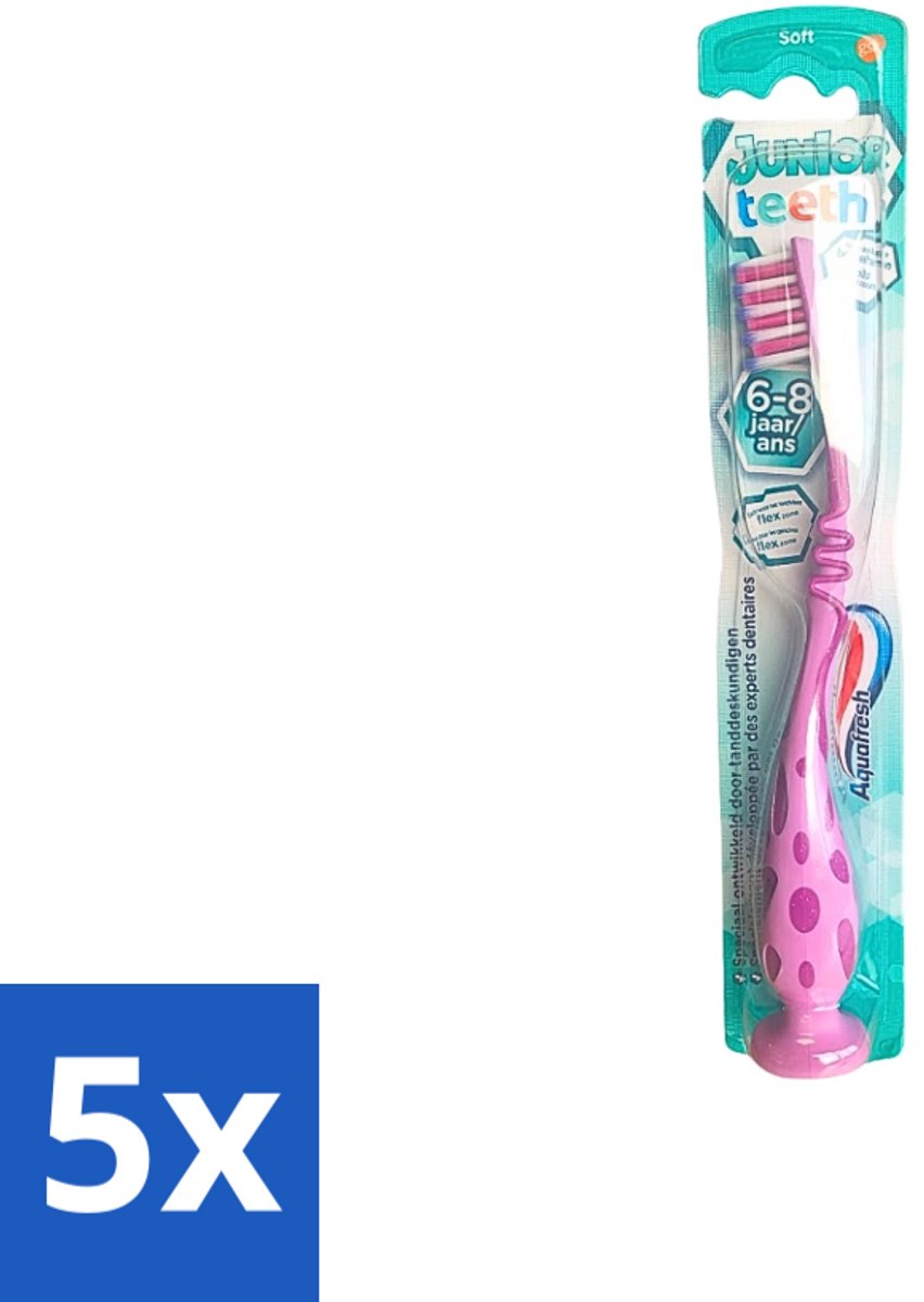 Aquafresh - Junior Teeth Tandenborstel - 6-8 Jaar - Cool Ontwerp - 1 Stuk - Bulkverpakking - 5 stuks
