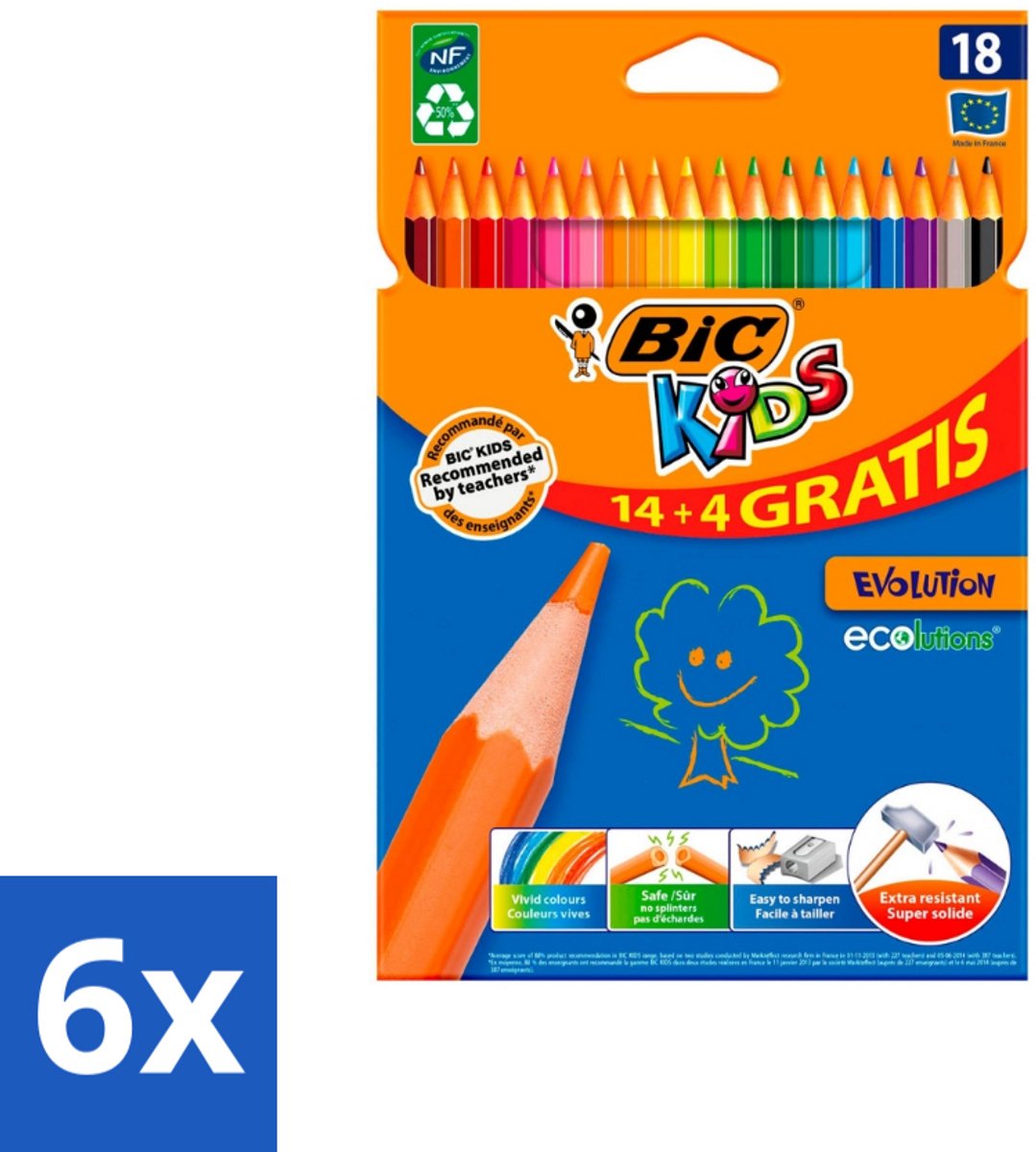 6 x Bic Kids - Kleurpotloden - Diverse Kleuren - Eco - Evolution - 18 Potloden - Kleurpotloden - Kinderpotloden - Kleurpotloden Voor Kinderen - Ecologische Potloden - Duurzame Potloden