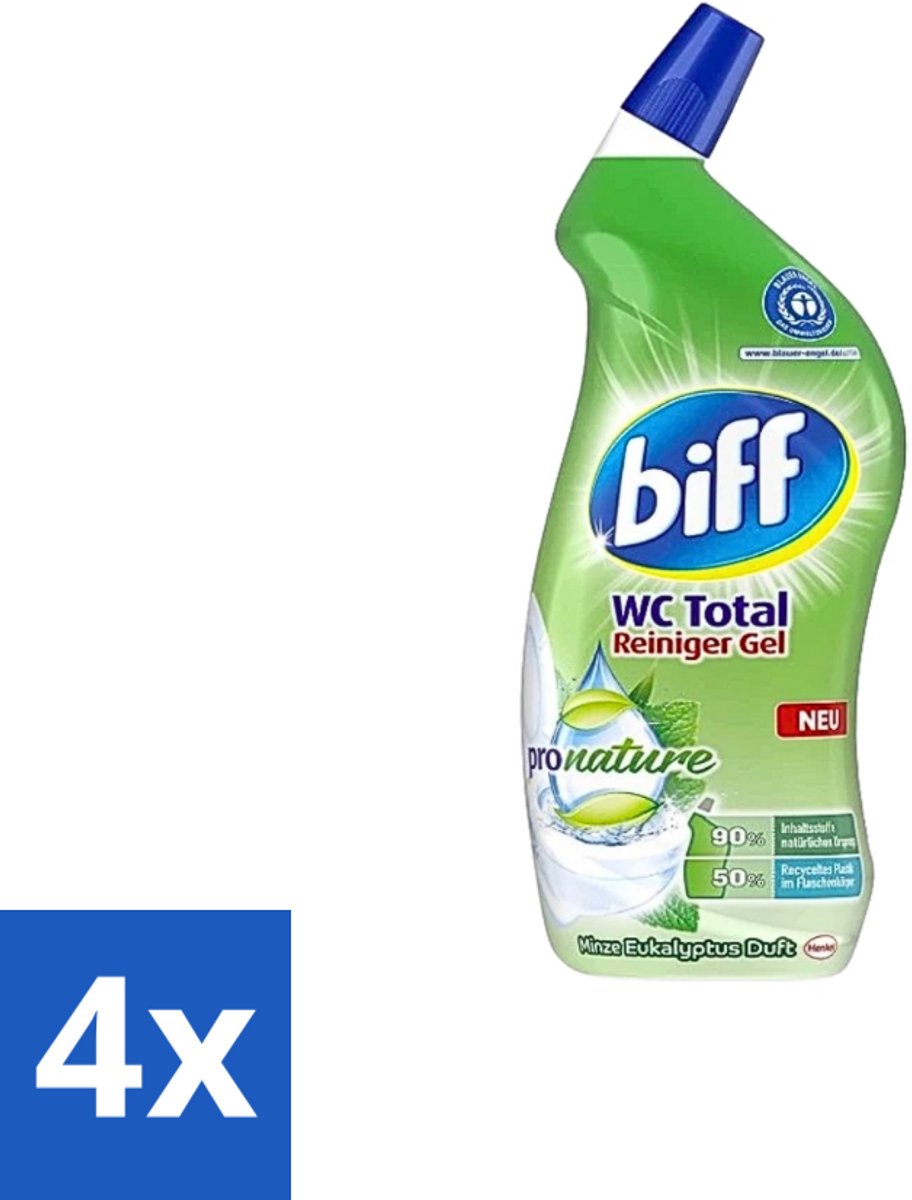 4 x Biff - WC Total Gel - ProNature Toiletreiniger - Mint Eucalyptus 750ml - Toilet Schoonmaak - Wc Reiniger - Kalkverwijderaar - Frisse Geur - Milieuvriendelijk