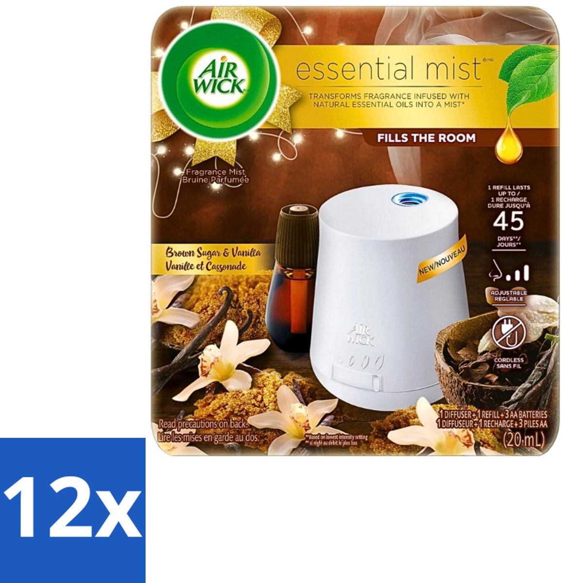 12 x Air Wick Essential Mist - Elektrische Geurverspreider - Starterkit - Vanille & Bruine Suiker - 20ml - Elektrische Geurverspreider - Geurverspreider - Vanille Geur - Bruine Suiker Geur - Essentiële Oliën