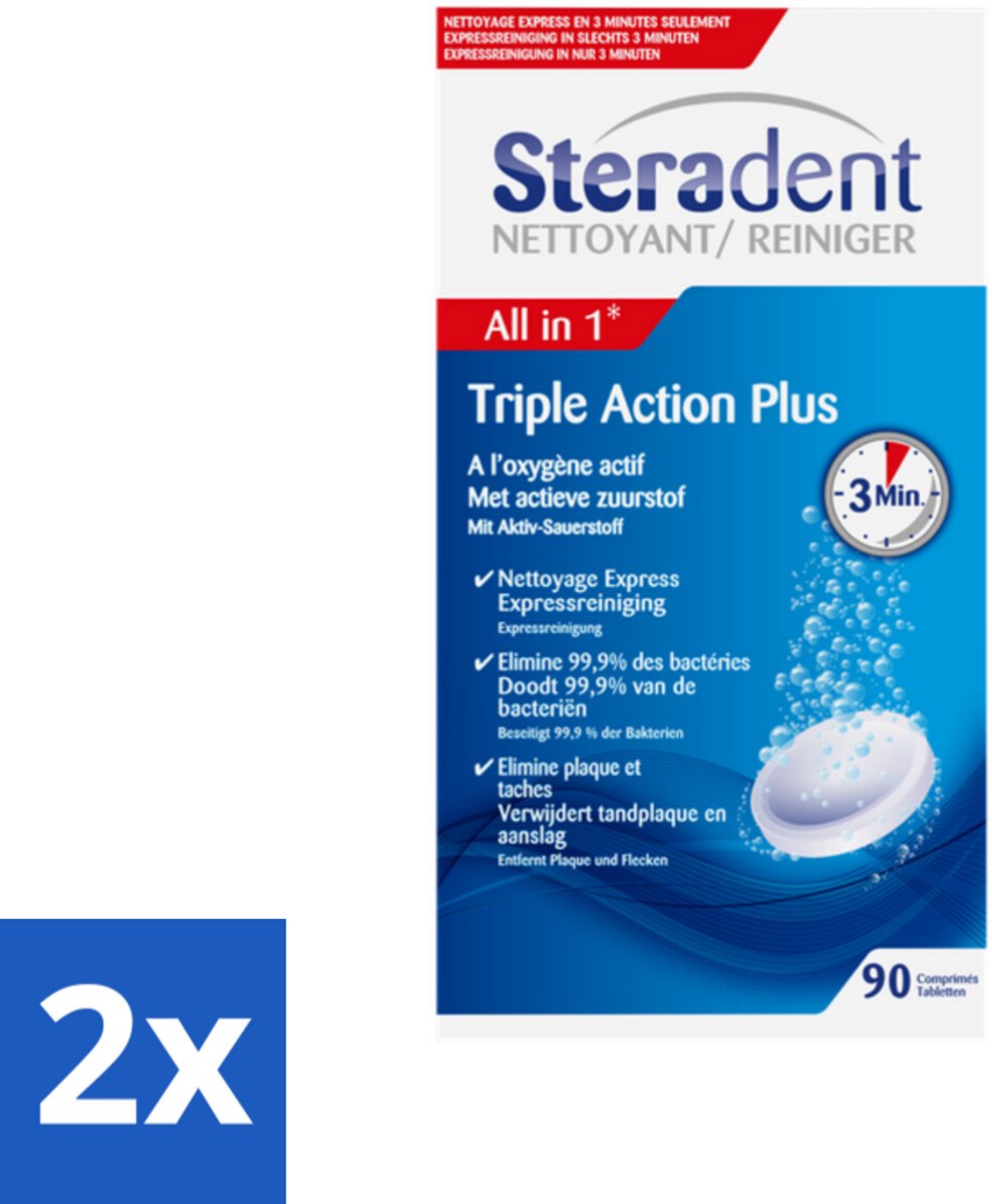 2 x Steradent Triple Action Plus Kunstgebit Reiniger 90 tabletten - Kunstgebit Reiniger - Kunstgebit Schoonmaken - Tandplak Verwijderen - Aanslag Verwijderen - Kunstgebit Desinfecteren