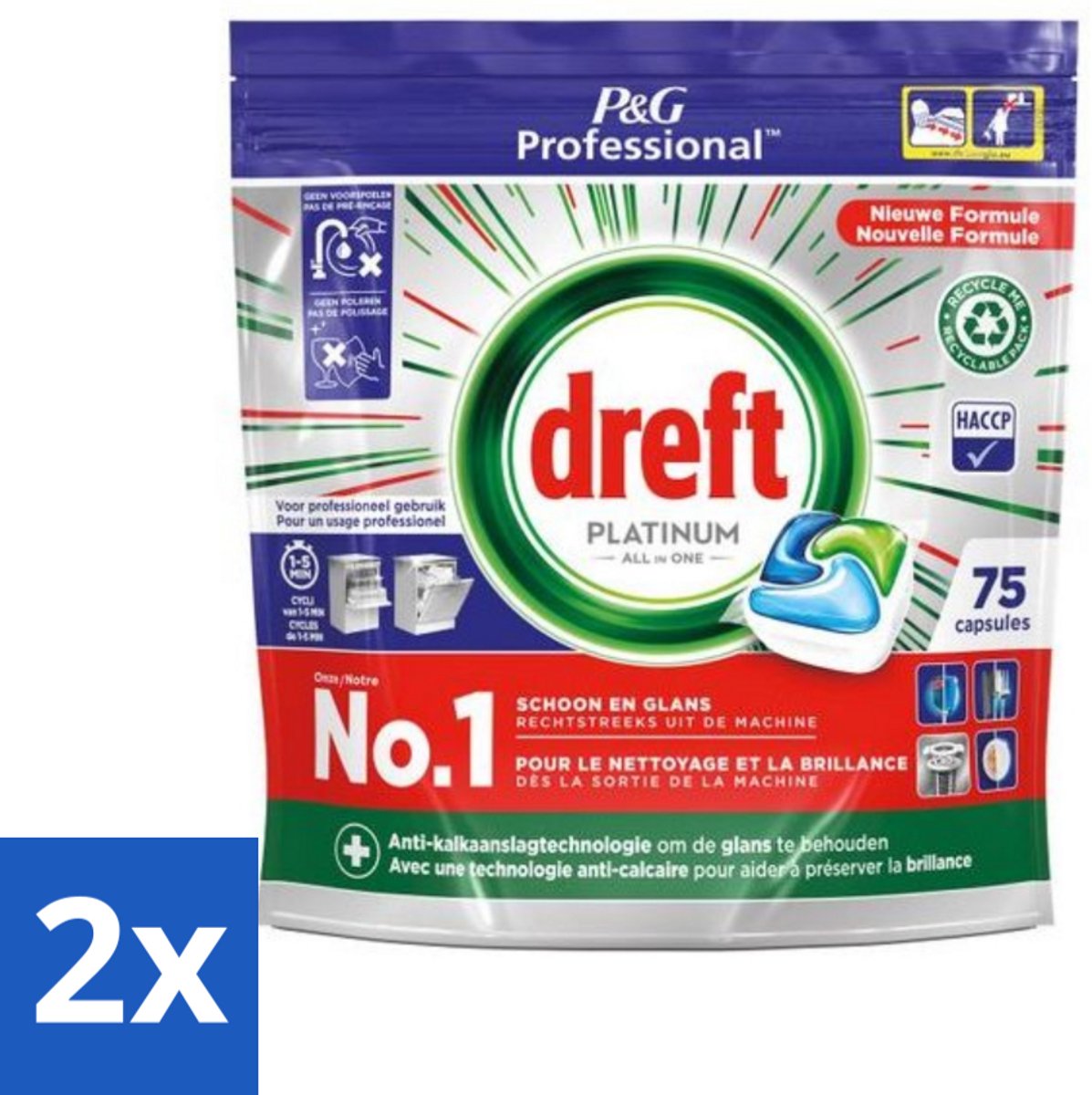 2 x Dreft Professional - Platinum - All In One - Vaatwascapsules - 75 Afwasbeurten - Vaatwascapsules - Vaatwasser Capsules - Professionele Vaatwas - Vaatwasser Reiniging - Hardnekkige Vlekken