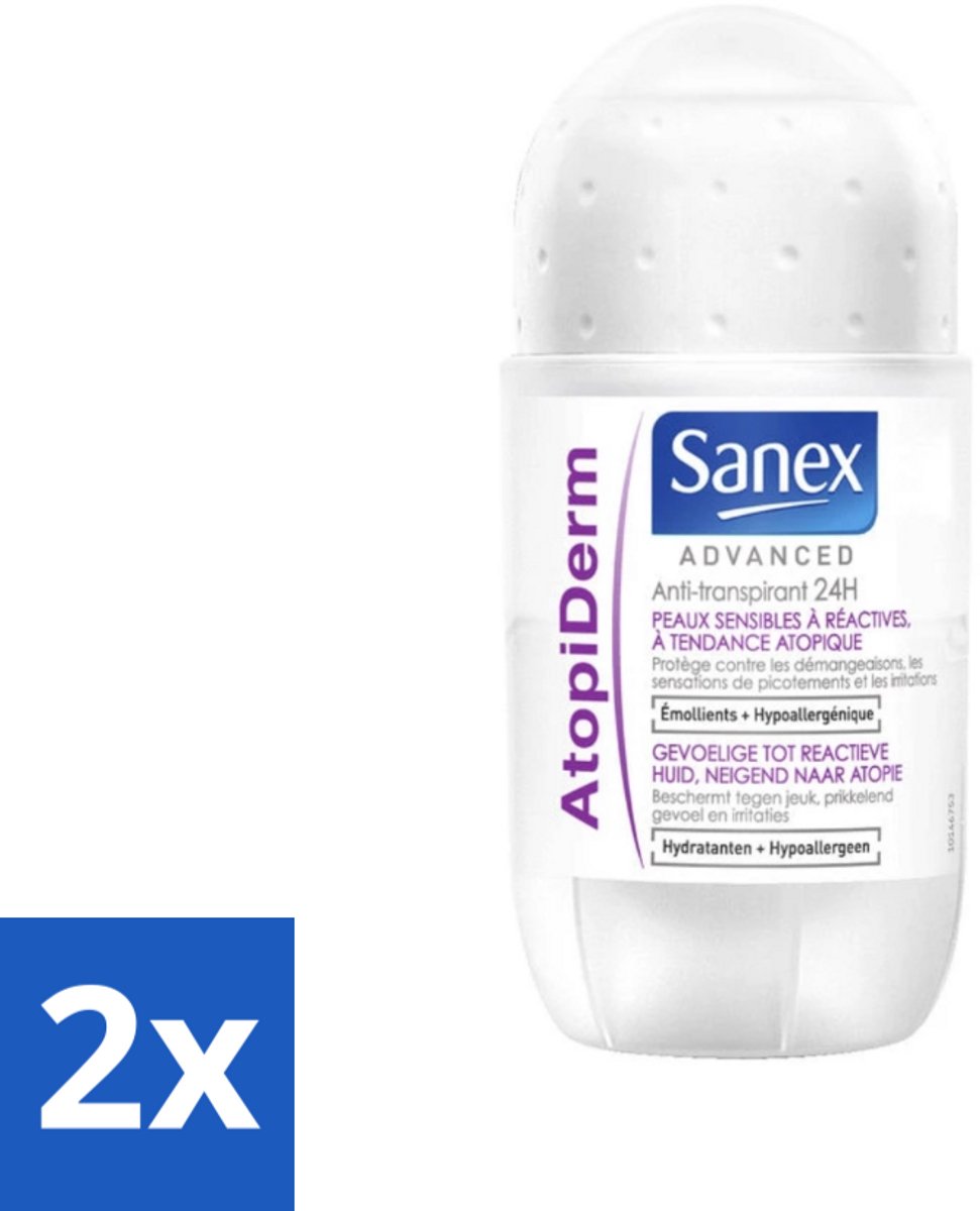 2 x Sanex Advanced - Gevoelig - Deodorant Roller - 24h Anti-Transpirant - Geavanceerd Atopiderm - 50 ml - Sanex Deodorant - Deodorant Gevoelige Huid - 24 Uur Bescherming - Atopiderm - Deodorant Roll-on