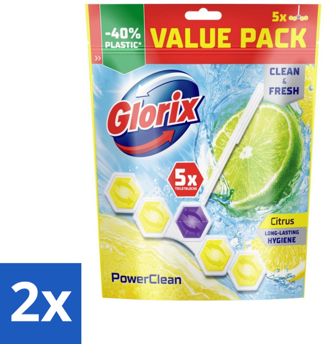 2 x Glorix - Power Clean - Toiletblok - Citrus - Hersluitbare Verpakking - 5 Blokken - Toilet Schoonmaak - Toiletblok - Toilet Reiniging - Citrus Geur - Kalk Verwijderaar