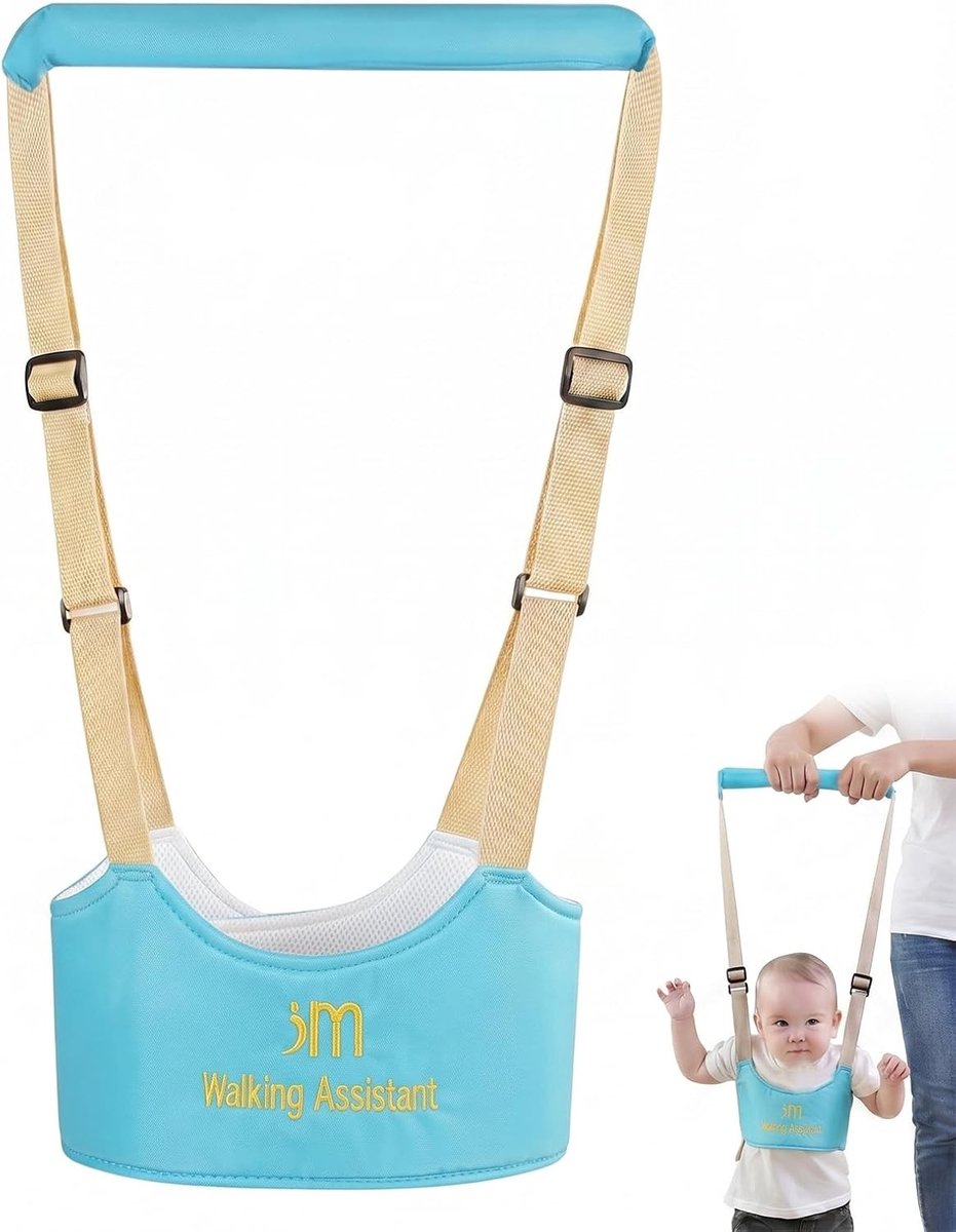 Verstelbare en veilige loophulp voor kinderen, ergonomische ondersteuning en veiligheidsgordel voor leren lopen, geschikt voor pasgeborenen, blauw