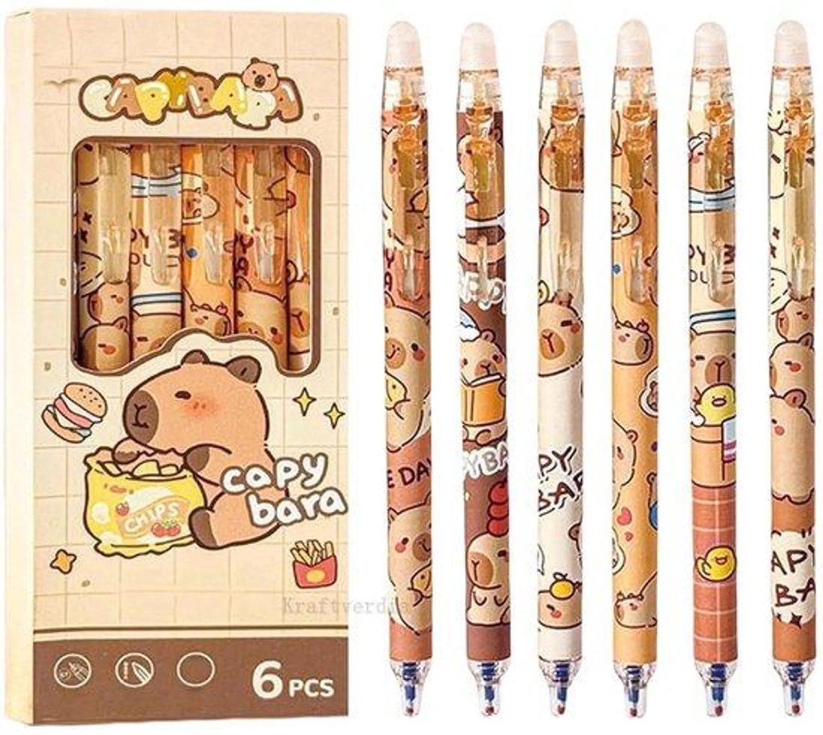 casalora - Capybara pen - Capibara spullen - Pennen 6 stuks - Uitwisbare pennen - Blauwe inkt - School spullen - Jongens en Meisjes - Schattige Dieren