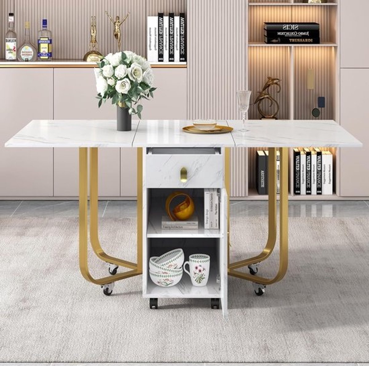 Inklapbare Eettafel - Keukentafel Opklapbaar - Ruimte Besparen - Met Opbergruimte - 80 x 150 cm - Wit Goud