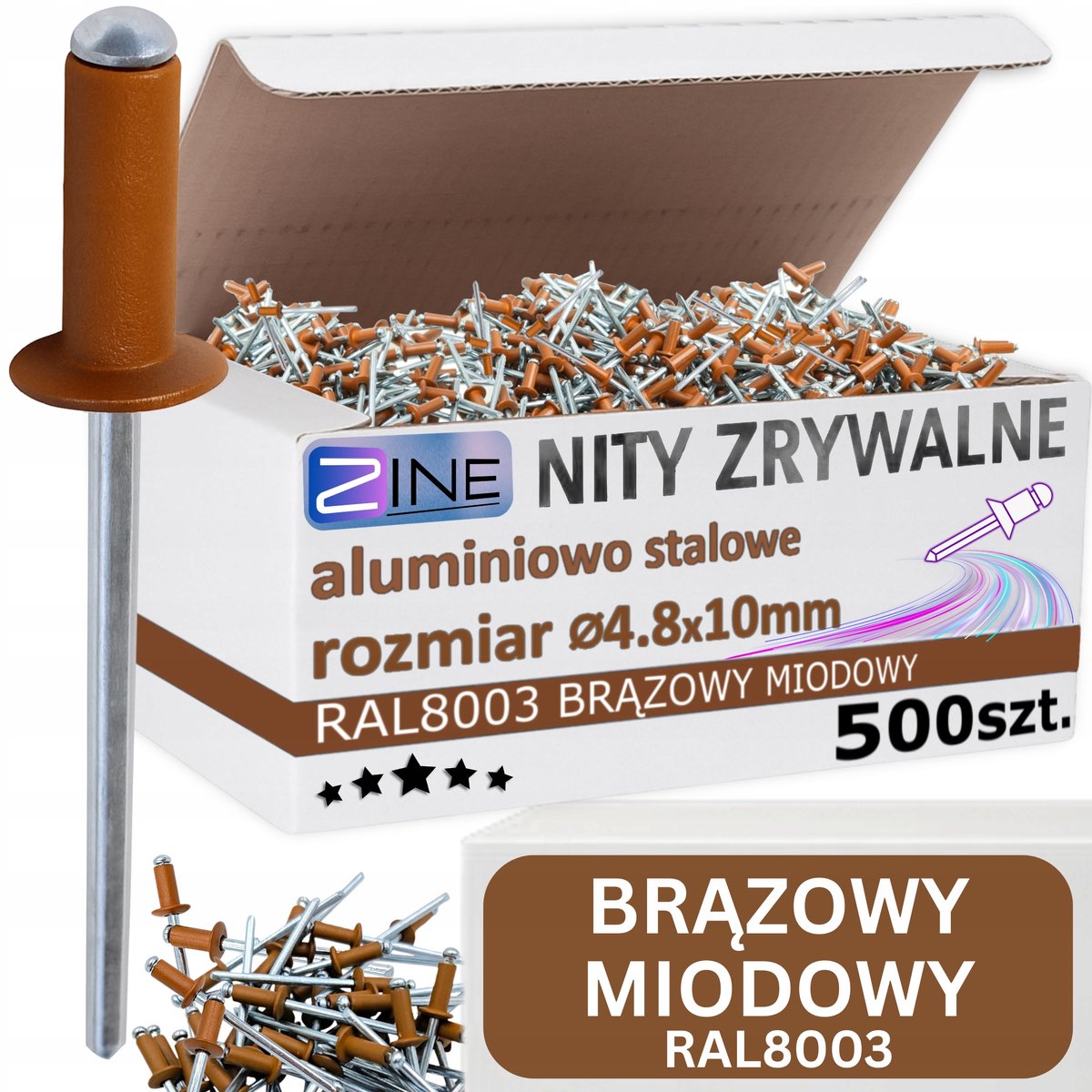 Kleur Nieten 4.8x10mm RAL8003 Honingbruin Aluminium/Staal 500 Stuks